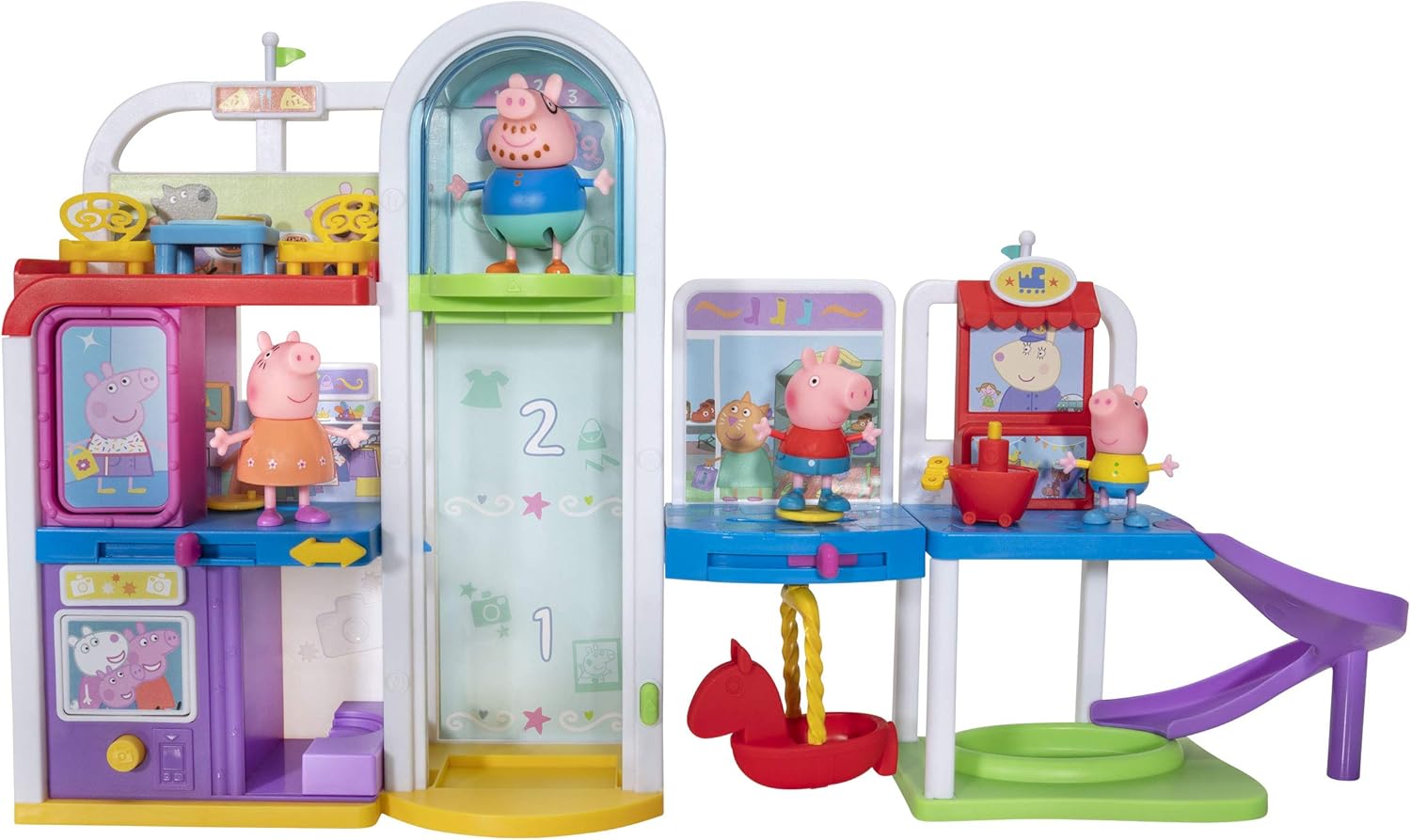 Peppa Pig Shopping Mall with Family, Includes 1 Connectable Mall Playset, 4 Character Toy Figures, 2 Chairs, 1 Pizza Table, 1 Toy Boat – for Kids - AMAZON EXCLUSIVE