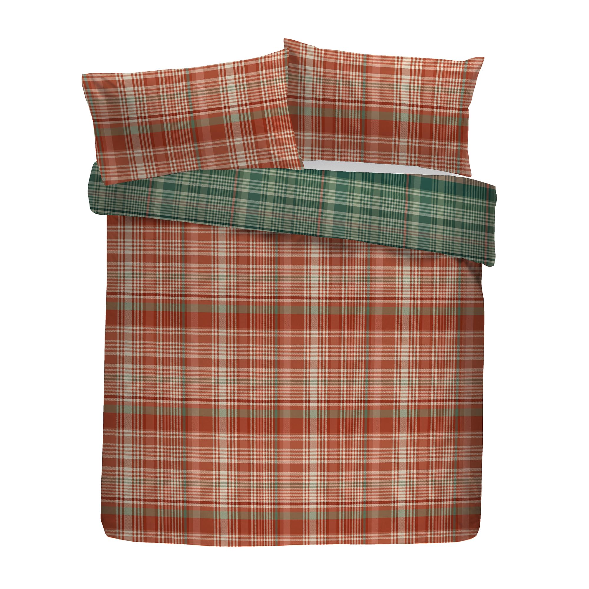 Dreams & Drapes Lodge Bennet - Set copripiumino a quadri, 100% cotone spazzolato, king size 230 x 220 cm, verde, motivo tradizionale a quadri, 2 federe