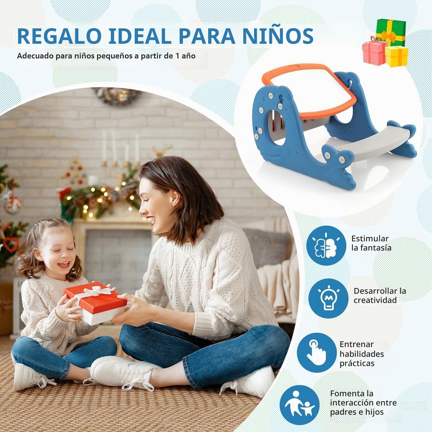 FANTASK Caballete infantil con tablero de mesa, pizarra blanca y banco, 4 en 1, pizarra de pie azul de doble cara en forma de ballena, mesa para niños con estante para niños a partir de 1 años