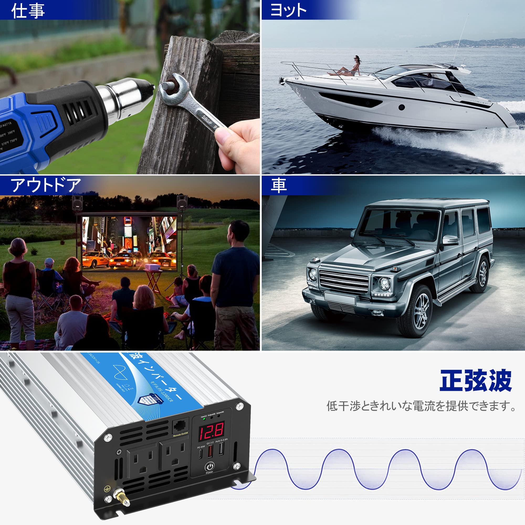 Amazon.co.jp: インバーター 正弦波 1200W DC12VをAC100Vに変換  