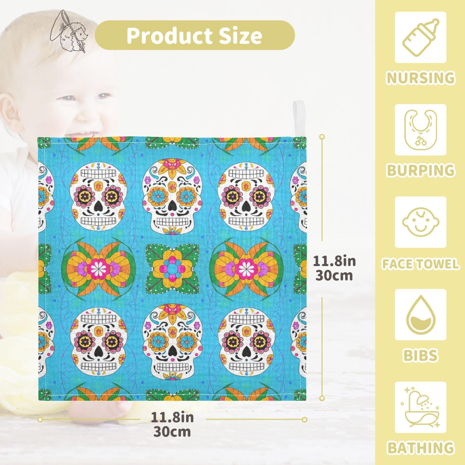 Kigai Colored Sugar Skull Baby Washcloths,5pcs Ultra Soft Absorbent Towel,Newborn Bath Face Towel, Natural Reusable Baby Wipes for Sensitive Skin, Baby Registry as Shower