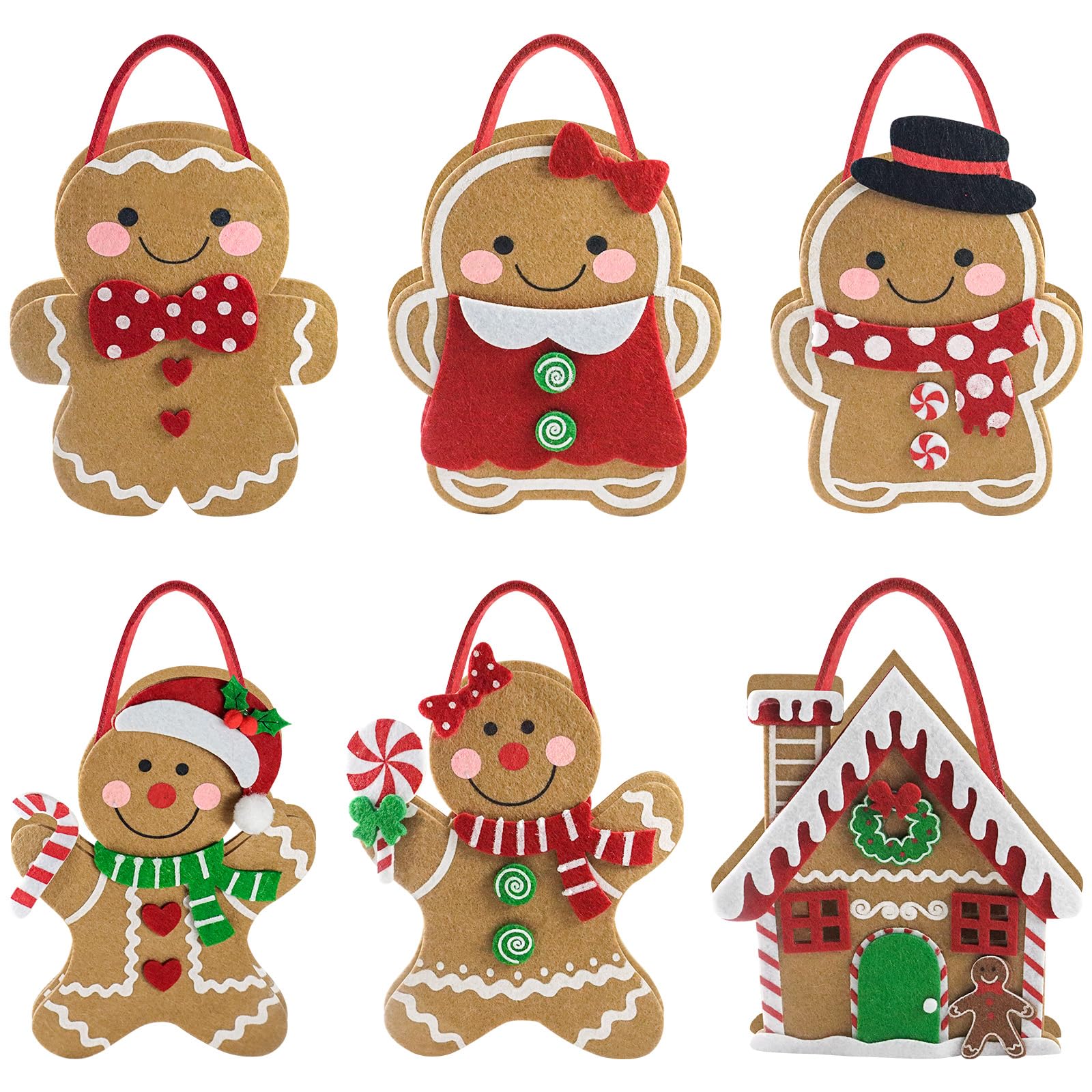 6 PCS Felt Christmas Treat Bags Small Christmas Party Favor Gift Bags for Holiday Candy, Snacks, and Goodies Wrapping Xmas Holiday Stuffers Holders for Guest Families Supplies (Gingerbread Man)