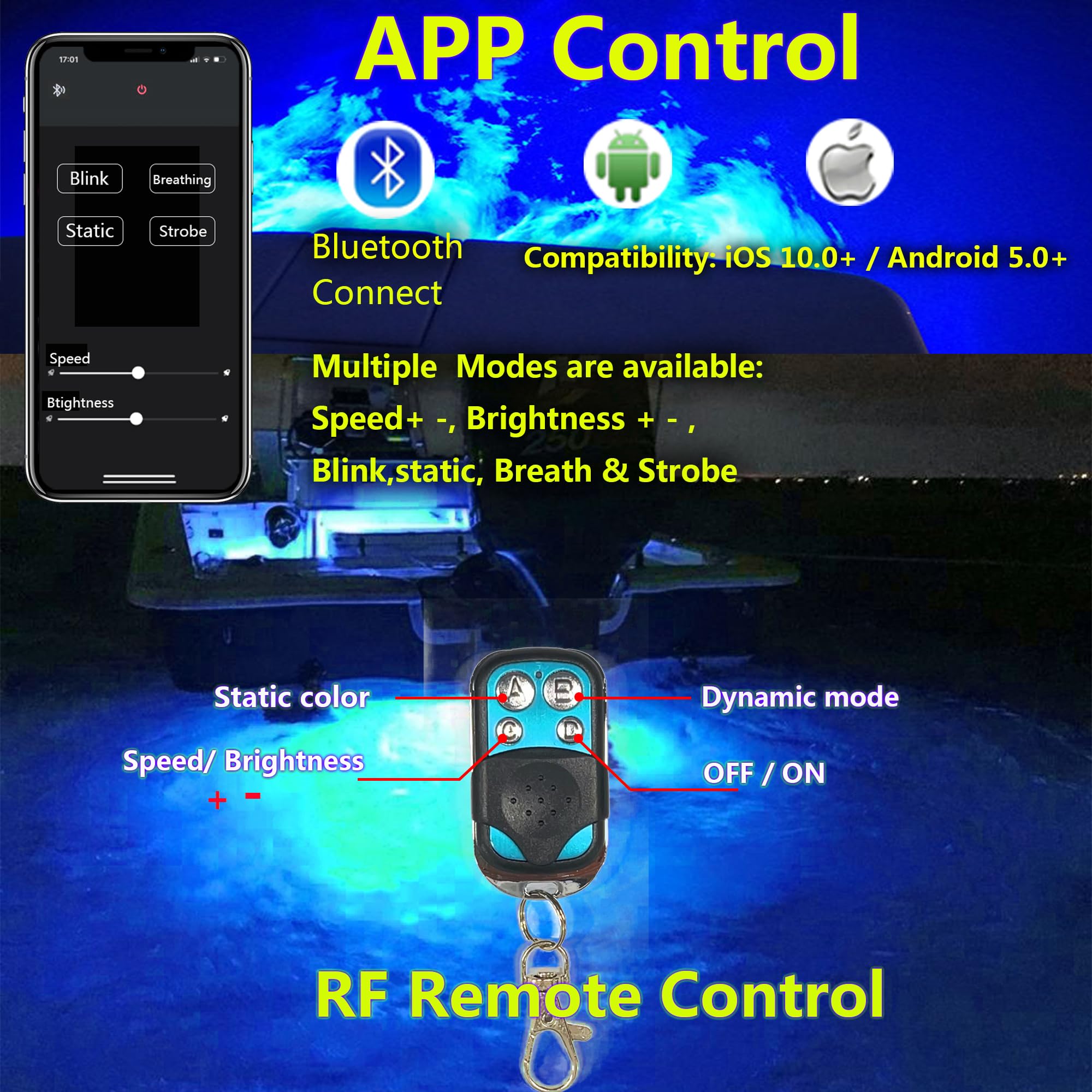 NBWDY 2Pcs Boat Drain Plug Light with APP RF Remote Control,1/2in NPT Drain Plug Light APP Remote Control,Marine Boat LED Underwater Light for Fishing Diving,Smart Cooling System,DC 12V,Blue