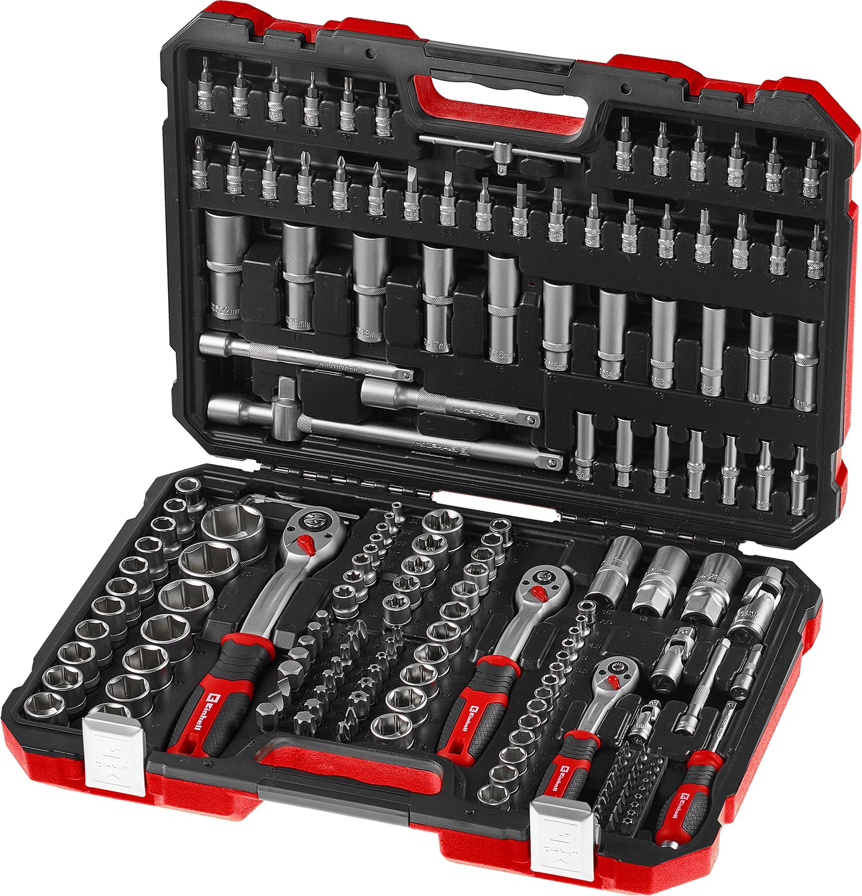 Einhell 181-częściowy zestaw nasadek i grzechotek (1/4", 3/8" i 1/2", grzechotki dwustronne 72 zęby, stal CrV, wkładki S2, długie nasadki, nasadki E i Pentalobe, walizka)