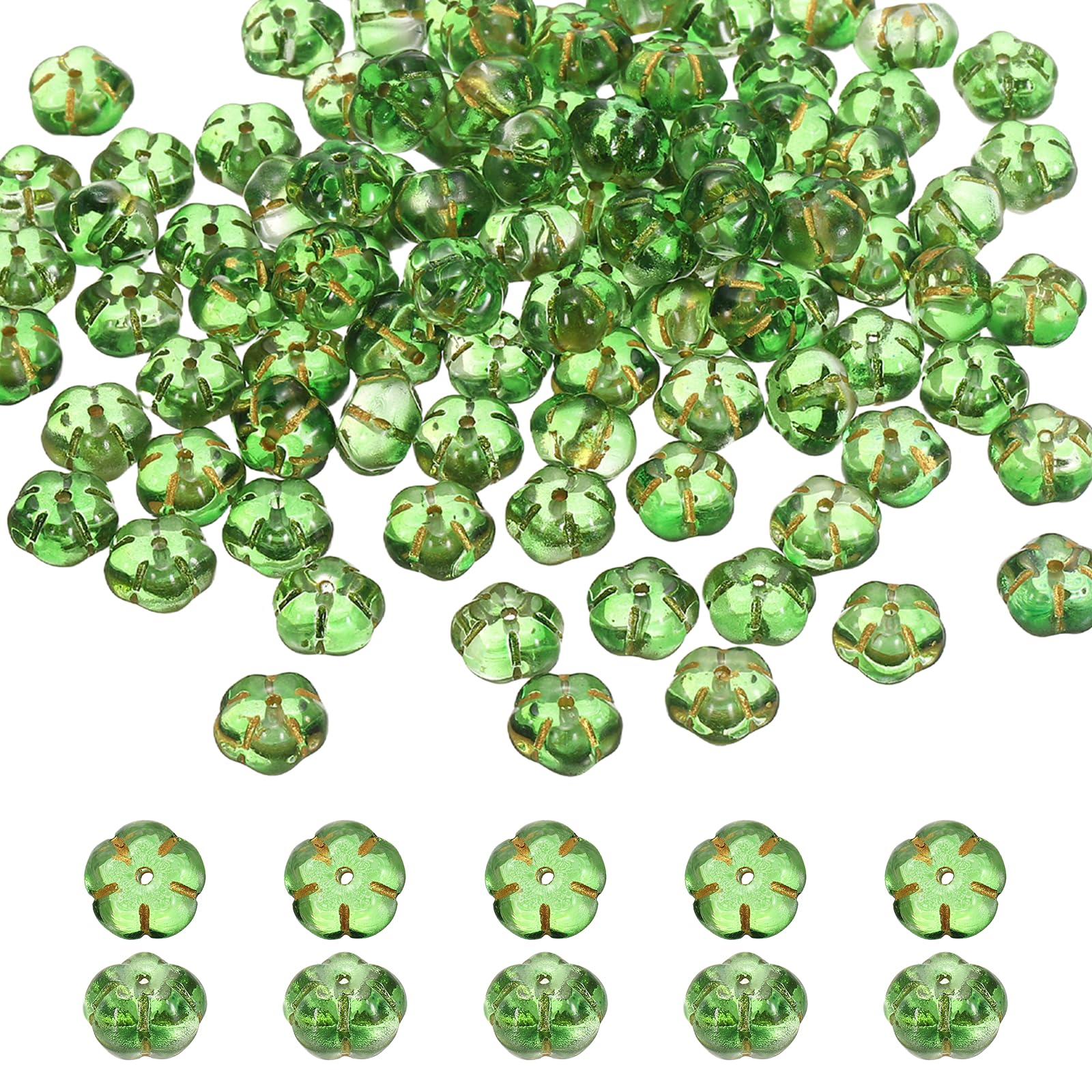 sourcing map 100pcs Glass Beads, 6mm x 10mm Pumpkin Spacer Beads Crystal Bulk Loose Bracelet Charm for Thanksgiving Earring, Halloween, Jewelry Making, DIY Craft, Green Gold