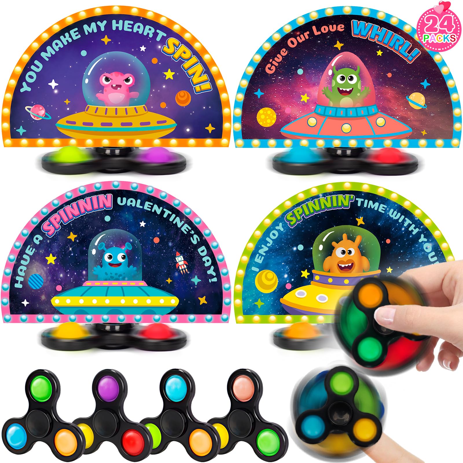 24 Pack Valentines Day Gifts for Kids, Valentines Cards with Fidget Spinner Toys for Kids Classroom, Fun Valentines Party Favors, Boys Girls Classroom Exchange Treat Prizes Bulk for School