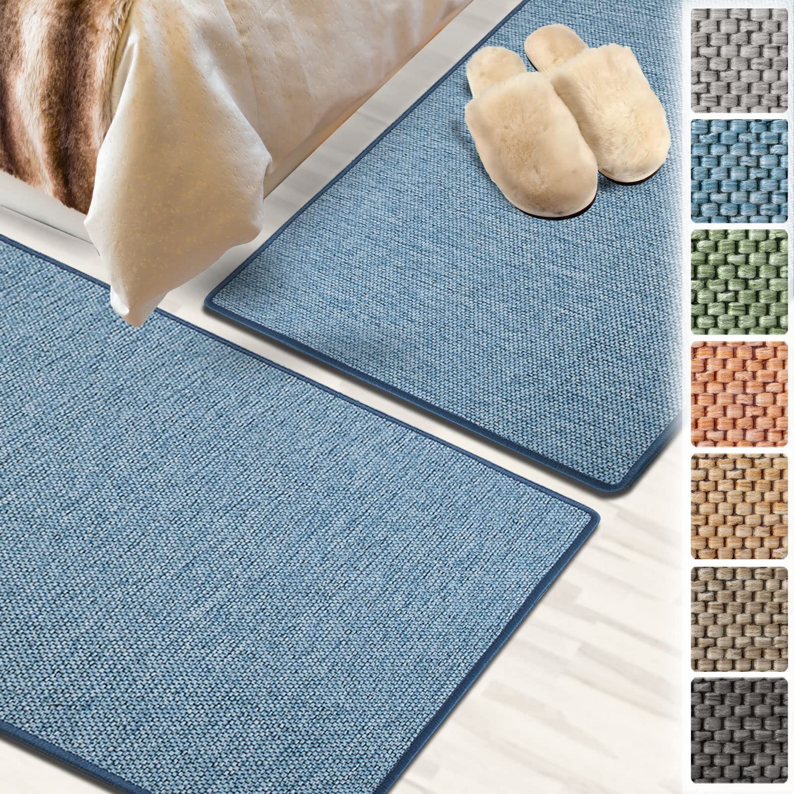 Floordirekt Bettumrandung Sabang in Sisal-Optik | Bettvorleger Teppichläufer | 3-teiliges Läufer-Set in vielen Farben (B: 67 cm | L: 1 x 250 cm + 2 x 140 cm, Blau)