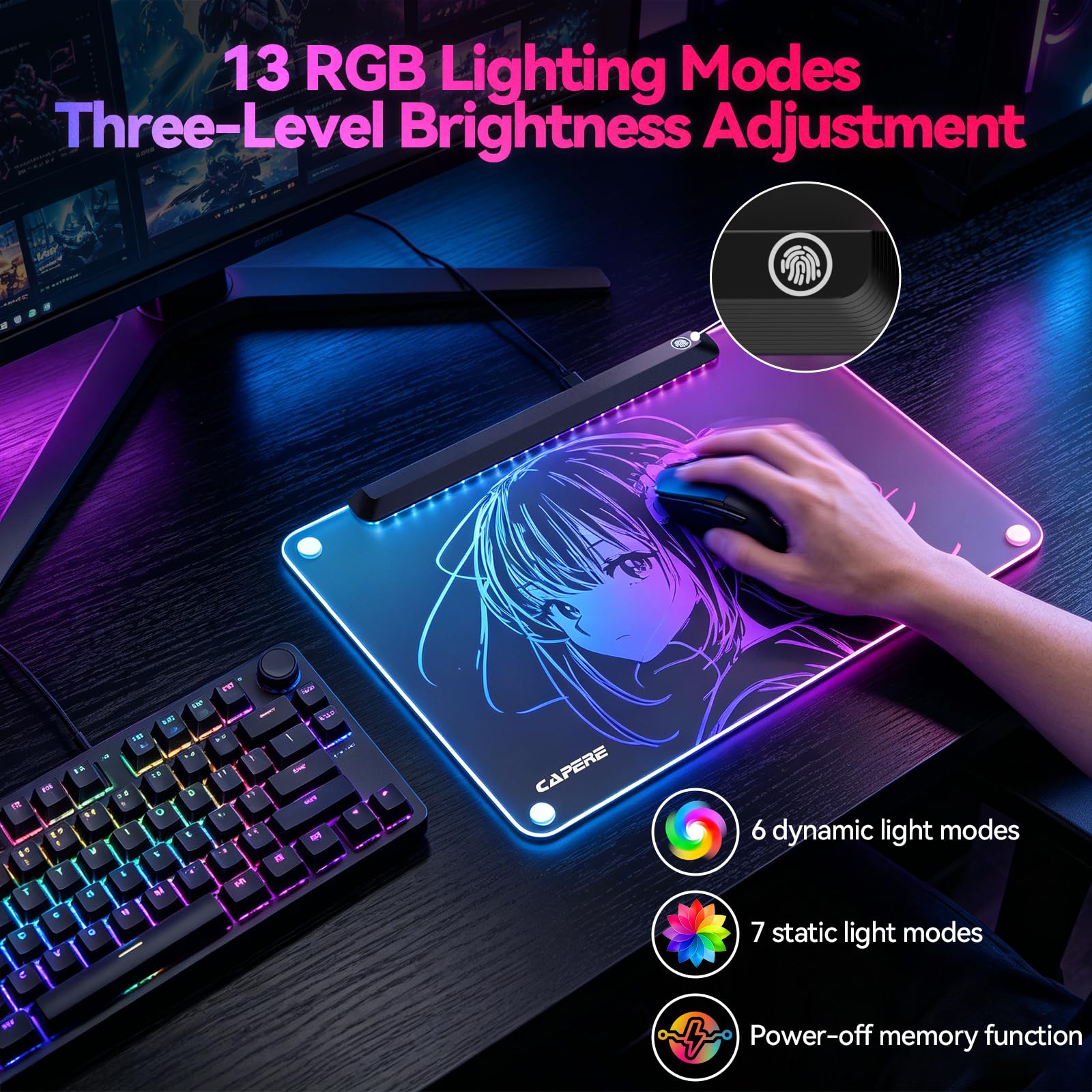 Alfombrilla de mouse RGB de vidrio templado, 13 modos de iluminación, hub USB 4 puertos, superficie micrograbada para velocidad y control máximos, alfombrilla de mouse dura para juegos FPS y