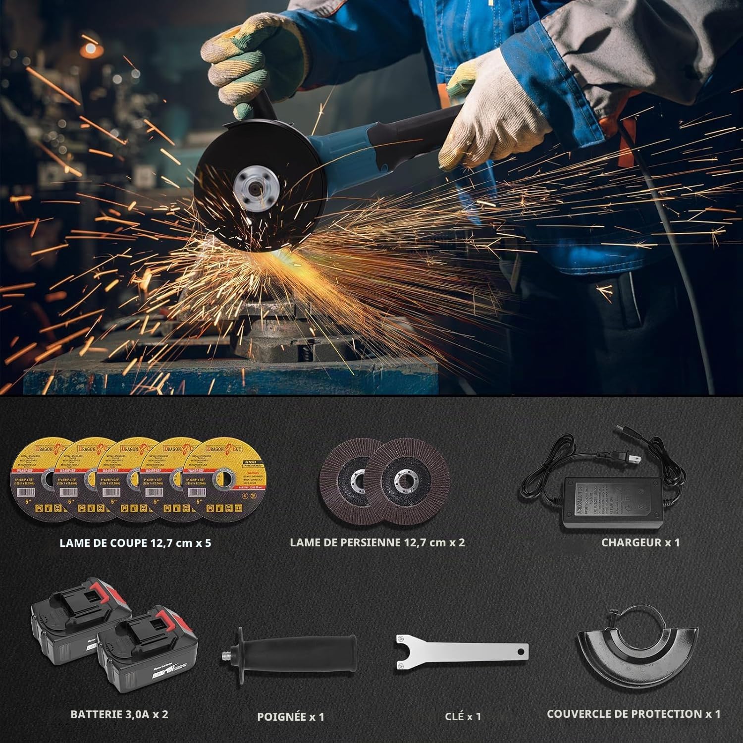 Yofuly Meuleuse d'angle Sans Fil pour MMaki-ta 18V/21V Batterie, Disqueuse Sans Fil avec 2 * 3.0Ah Batterie, 9000tr/min Meuleuse Angulaire avec 5 * Disque de Coupe de 125mm, 2* Disque à Lamelles