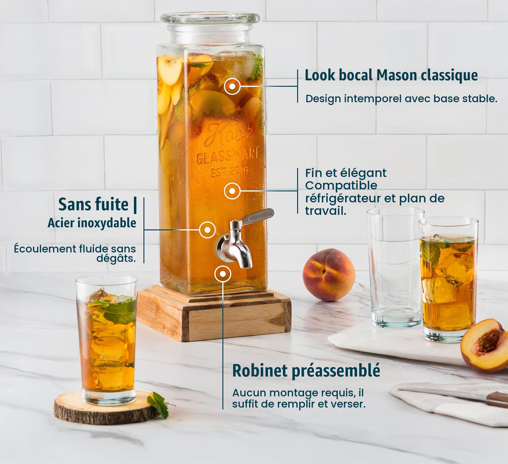 Kook Distributeur de boissons, 2,3 l, distributeur d'eau de comptoir, distributeur de boissons en verre, avec robinet étanche, bocal rectangulaire transparent, rangement pour fête, réfrigérateur, eau