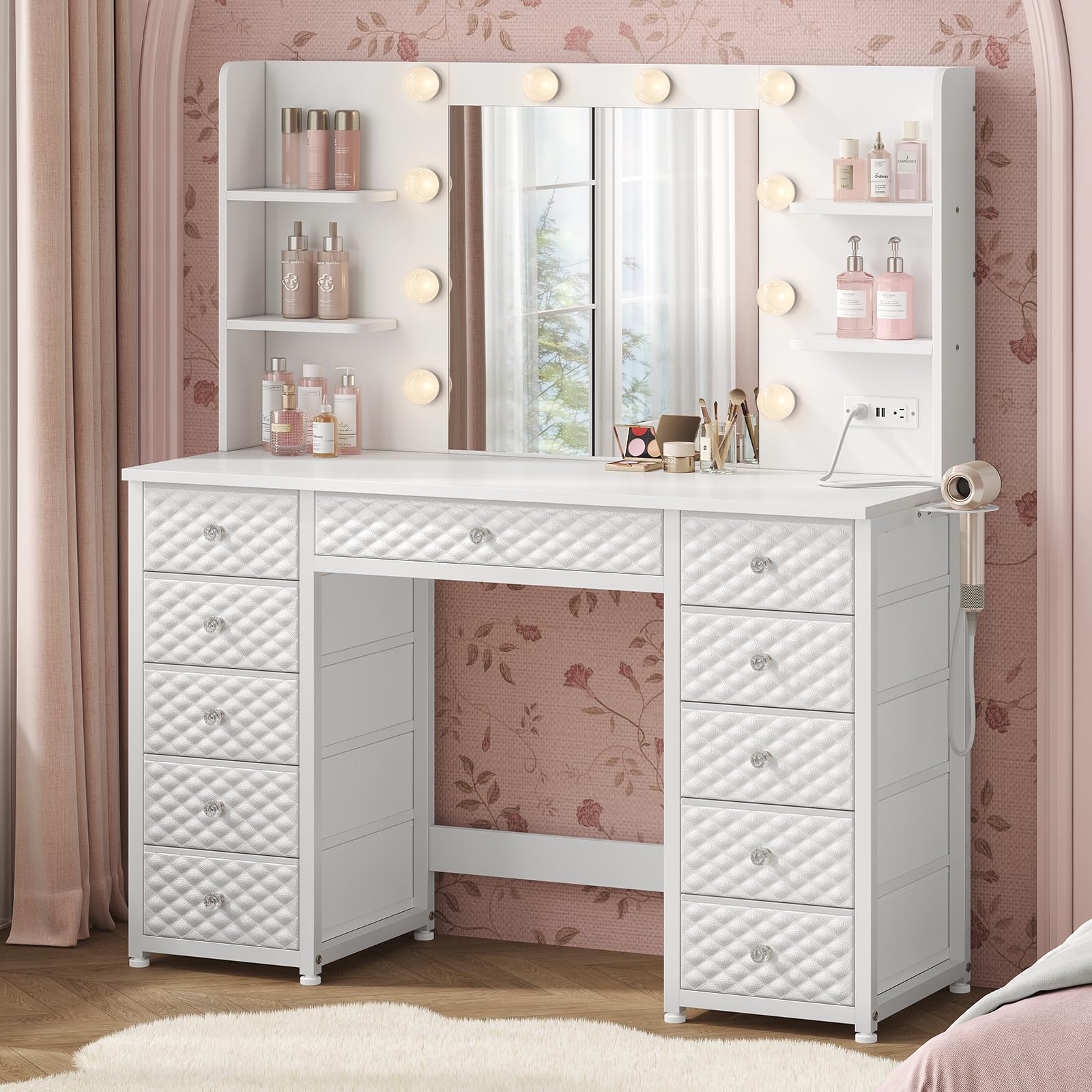 HAUOMS Vanity with Lights and Mirror, 11 Drawer Makeup Vanity with Power Strip, 6 Open Shelves, 43.3” Vanity Desk with Storage, Dressing Table with 3