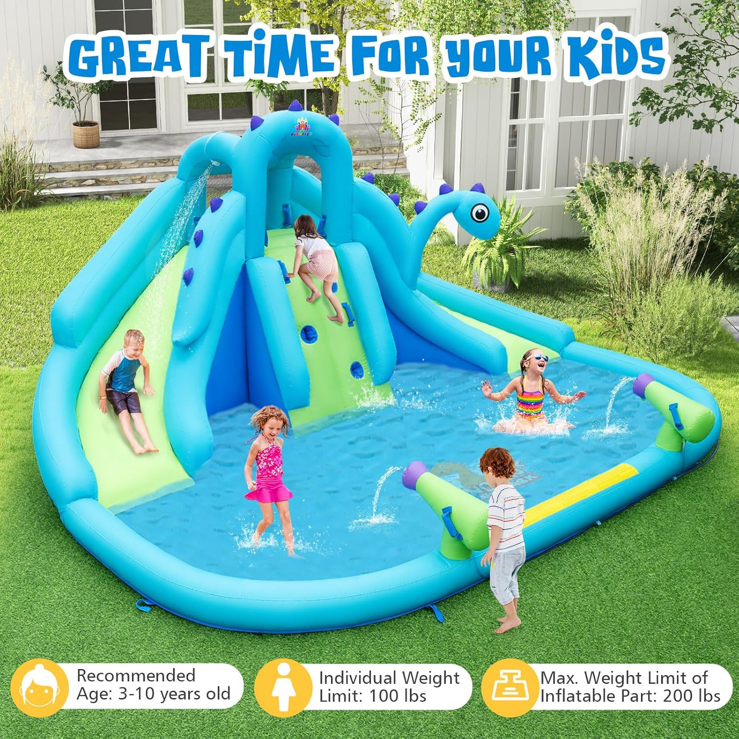 BOUNTECH Inflatable Water Slide Park with Dinosaur, Double Slides Mega Water Park Bounce House with Climbing Wall, Bouncy Castle for Outdoor Backyard, Blow up Water Slides Inflatables for Big Kids