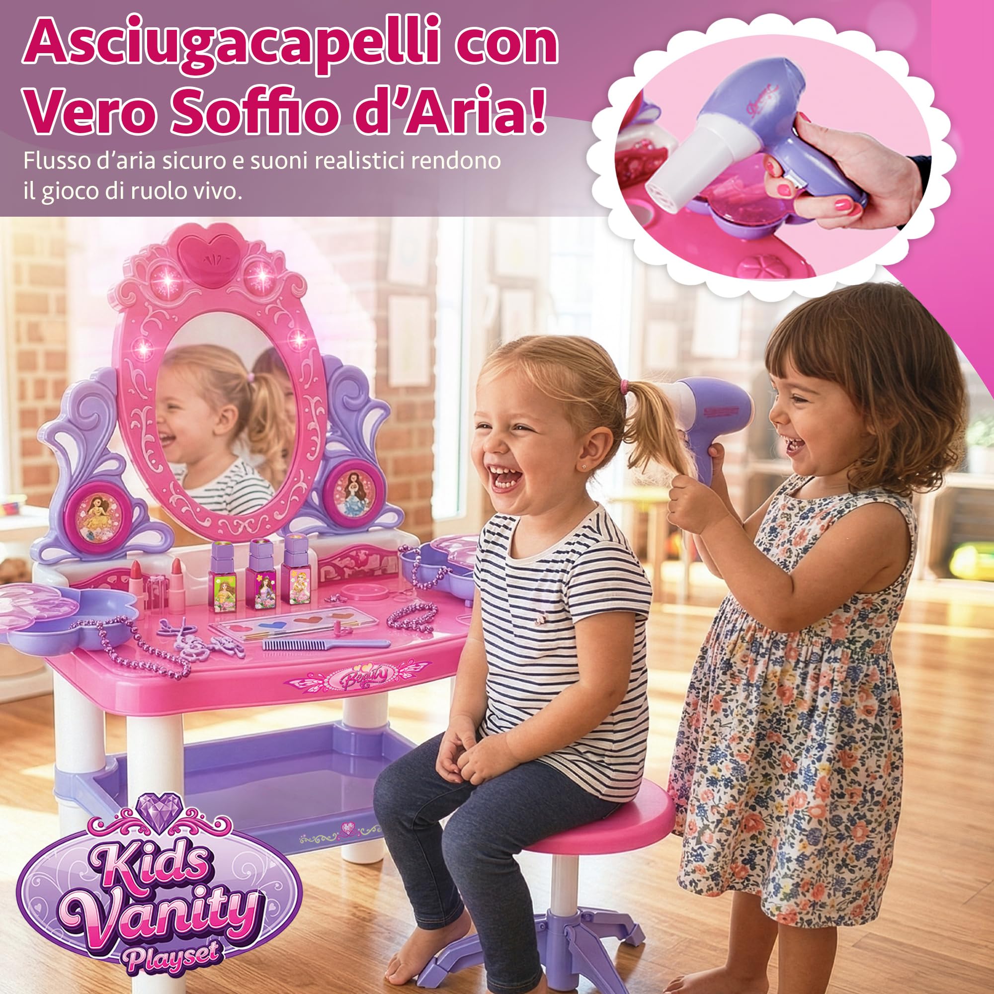 Kinderplay Tavolo da toeletta rosa per bambini con bacchetta magica e accessori | Tavolo da toeletta per bambini con specchio, cassetto, sgabello e set da trucco – giocattolo di ruolo,