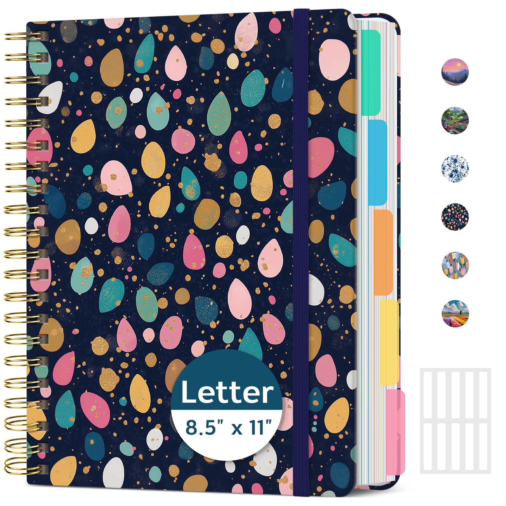 Grand carnet à spirales ligné pour travailler avec intercalaires et onglets, 21,6 x 27,9 cm, couverture rigide, 5 sujets, ligné pour l'université, 280 pages, nébuleuse à pois