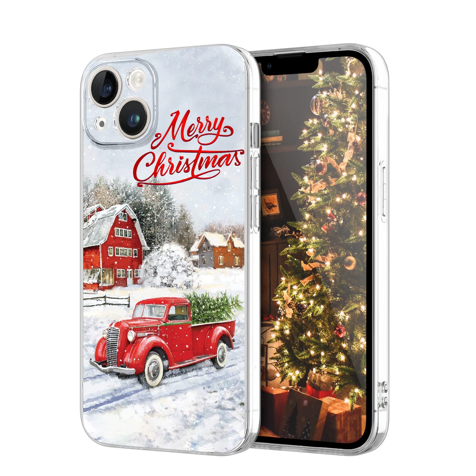 Newseego Compatible iPhone 14 Christmas Case, Shockproof Anti-Yellow Hard PC + TPU Bumper Protective Cover Phone Case for Girls Children Cute Merry iPhone 14 Case -Red Car