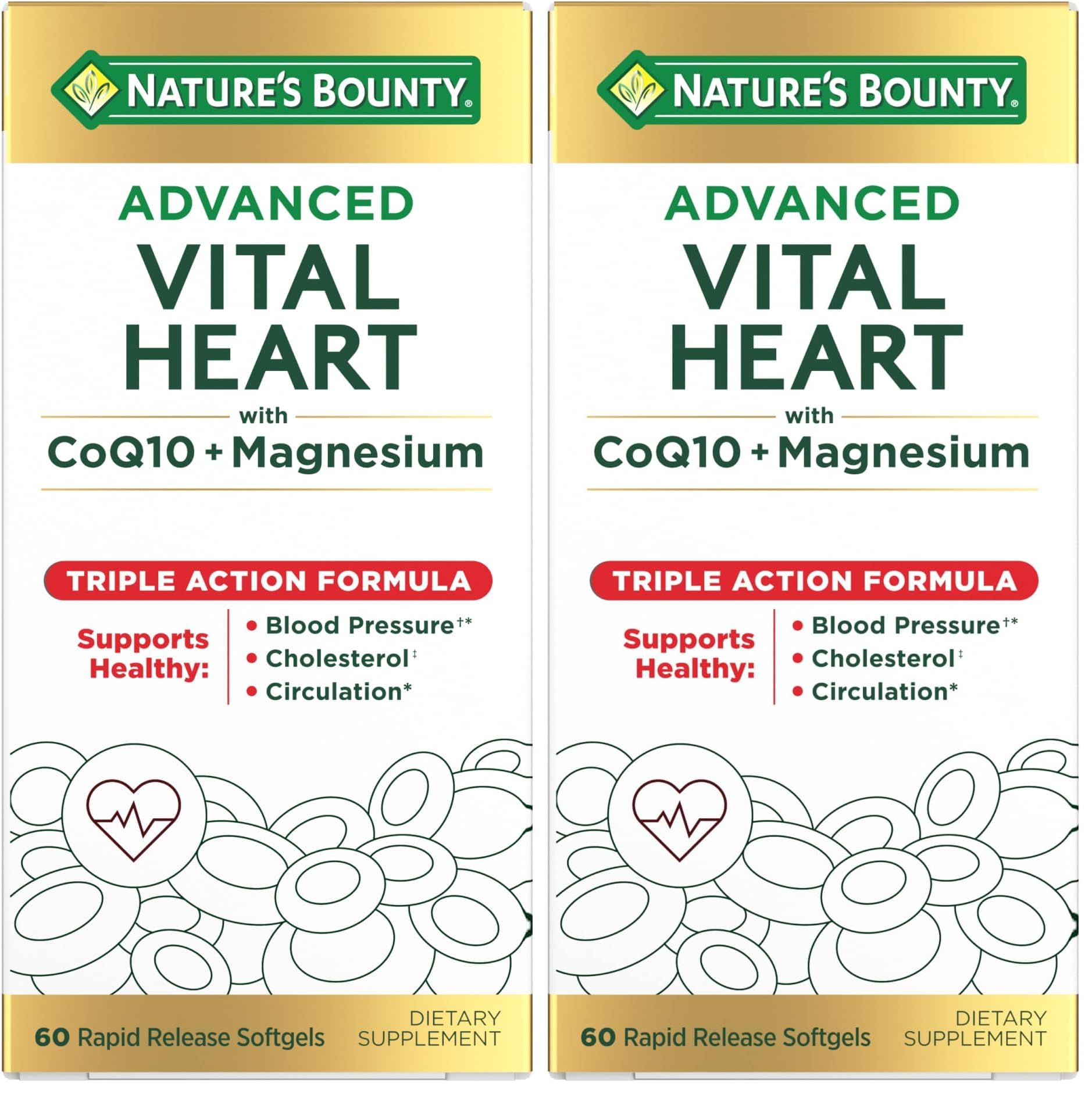 Nature's Bounty Advanced Vital Heart with CoQ10 + Magnesium, Antioxidant, Supports Healthy Blood Pressure, Cholesterol, Circulation, Triple Action Formula, CoQ10, Magnesium Supplement, 60 Softgels 60 Count (Pack of 2)