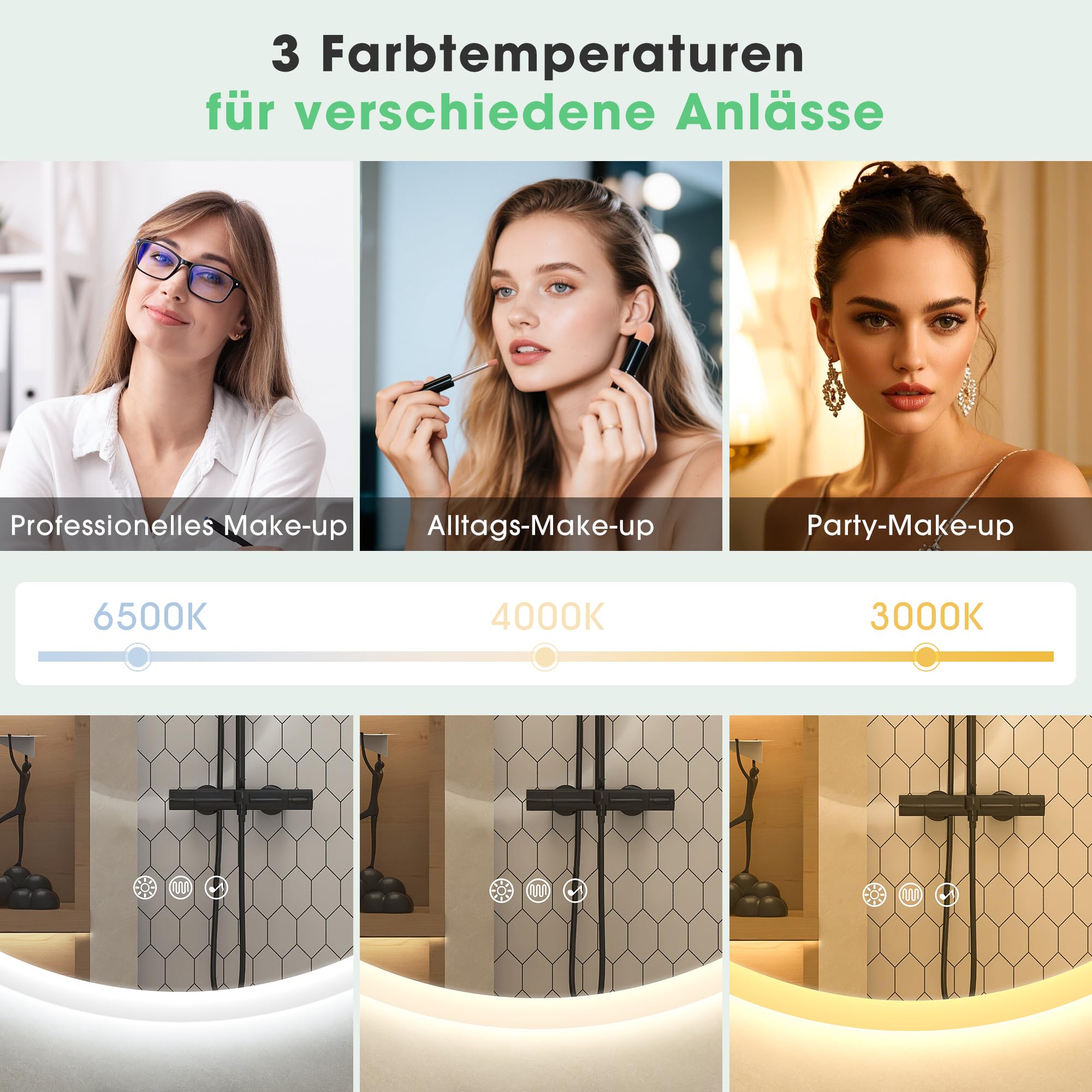 S'bagno Runder-Badspiegel-mit-Beleuchtung-60cm, Badezimmerspiegel-mit-Beleuchtung-und-Bluetooth, Entfoggen, 3000K/4000K/6500K, Dimmbar, HD-gehärtetes Glas, Speicherfunktion, IP44