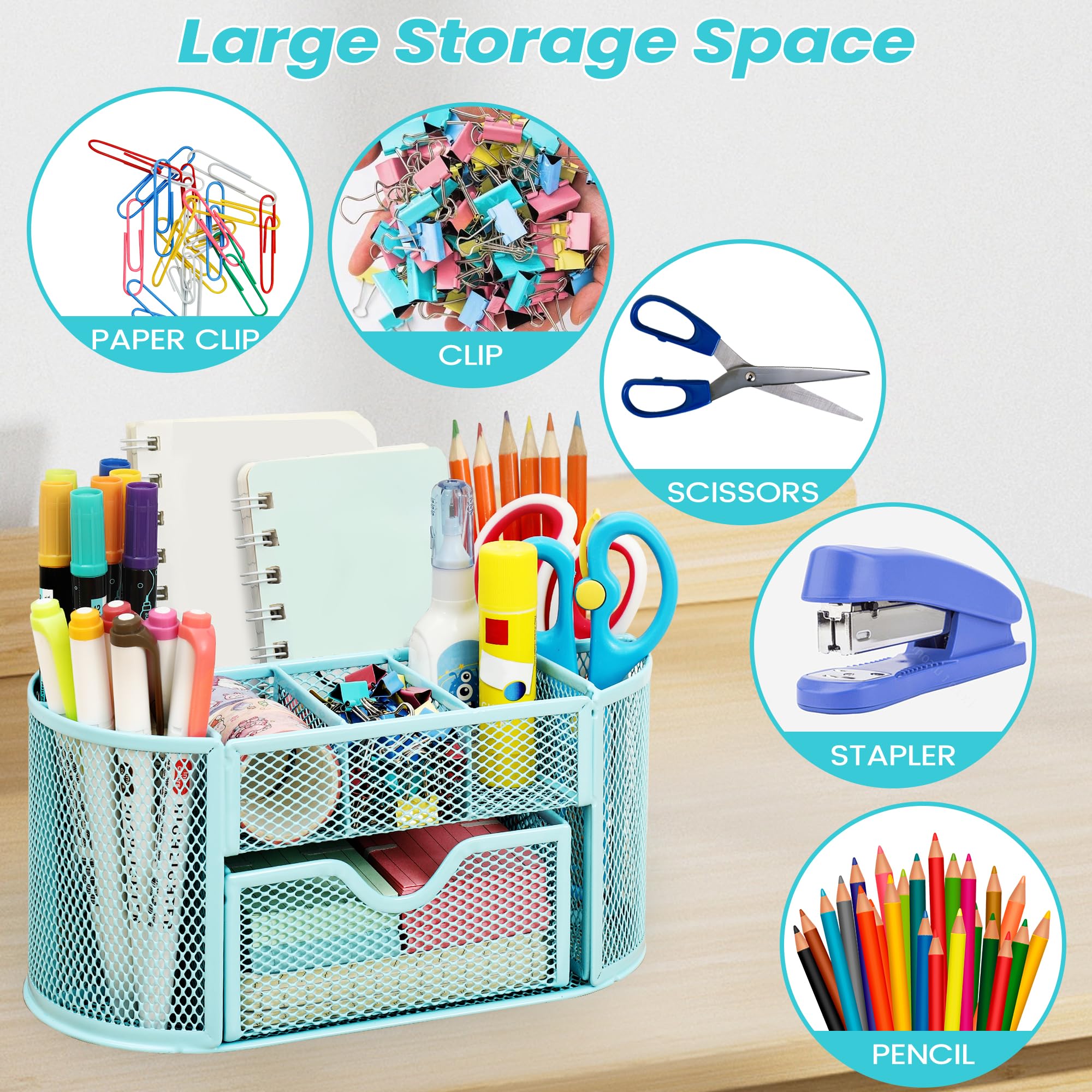 Chumix Organizer Scrivania, Porta Penne per Scrivania, Portapenne da Scrivania in Rete Metallica, Versatile Desk Organizer con Cassetto e Porta Penne, per Casa, Scuola, Uffici (Azzurro)