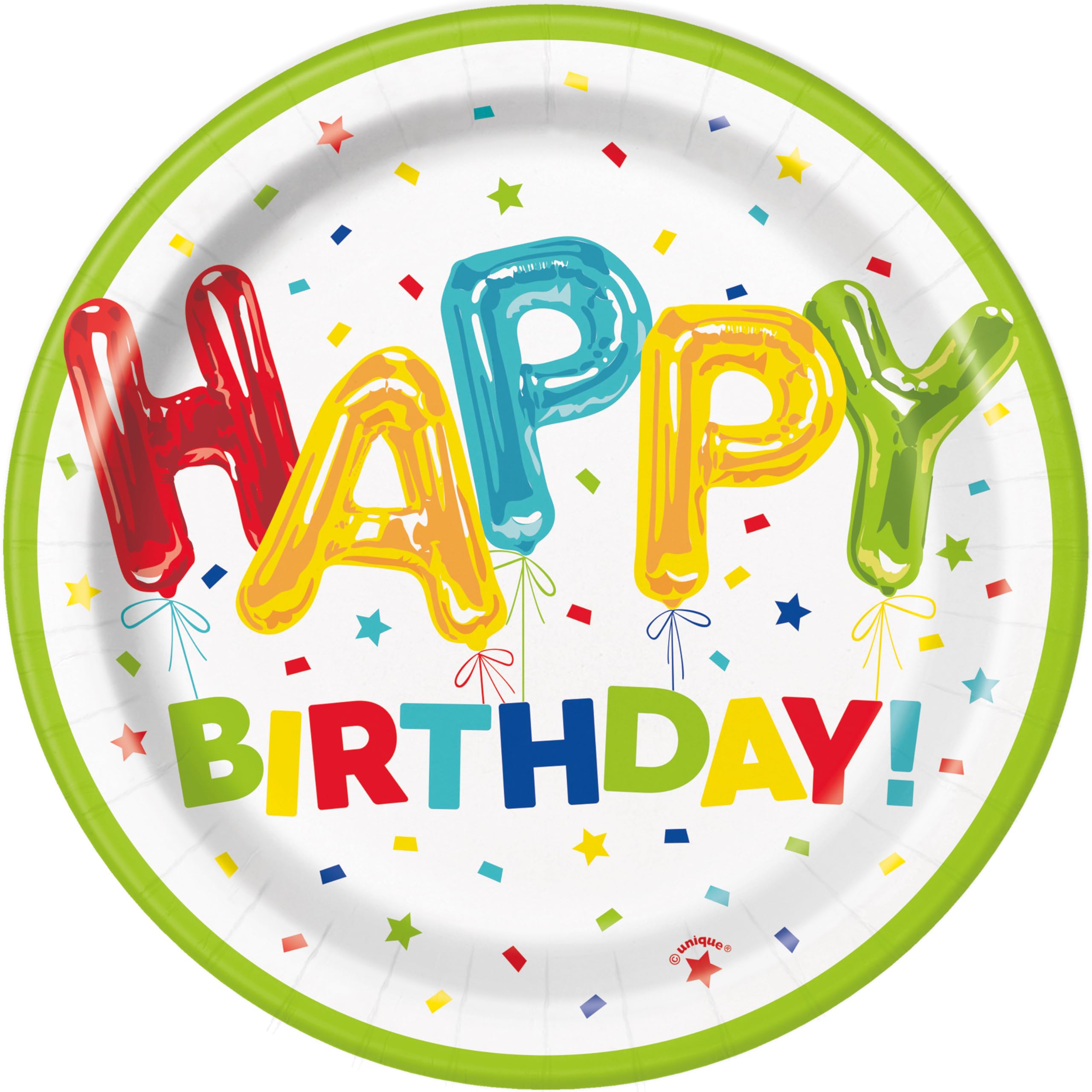 Unique 73104EU Eco-Friendly Paper Plates-18 cm-Happy Balloon Birthday Party-8 Count (Pack of 1), Multicolour