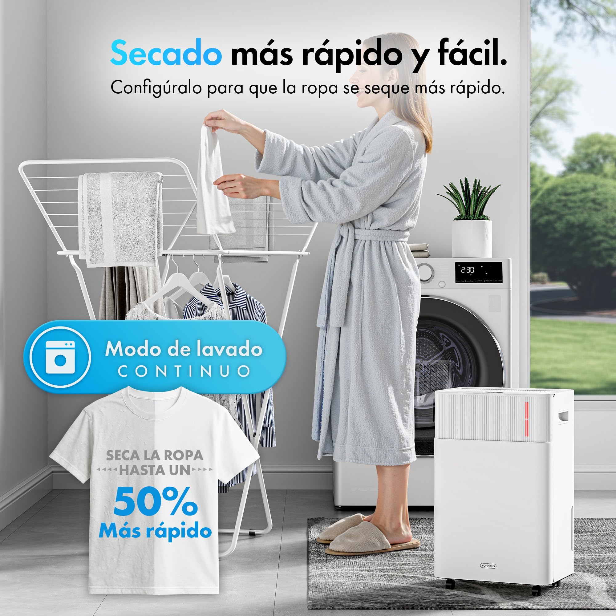 VonHaus Deshumidificador 20L Bajo Consumo para Casa Depósito de Agua de 4,5 L – Deshumidificador WiFi para Secar Ropa Previene el Moho y los Malos Olores – Ideal para Casa