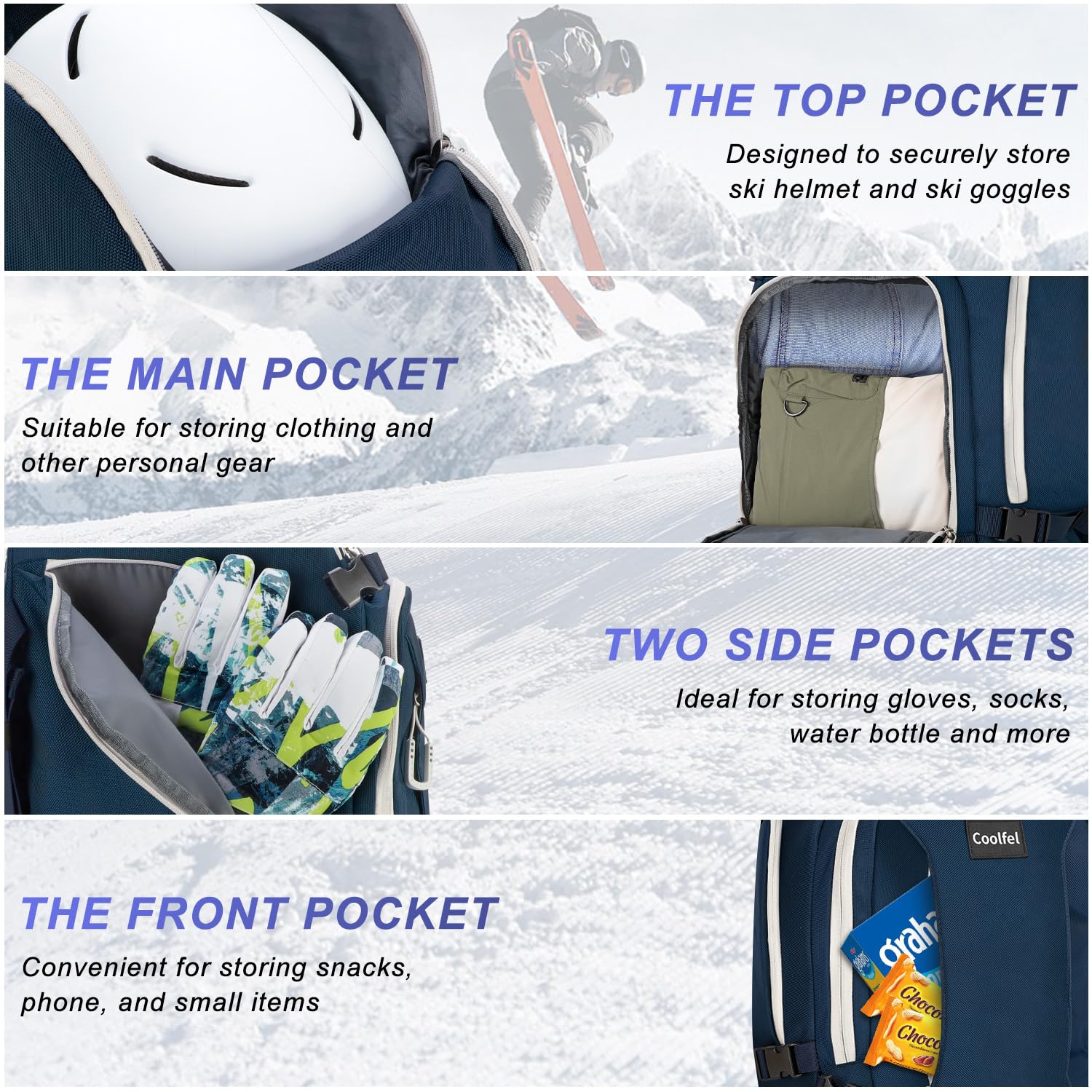 Coolfel Borsa per Scarponi da Sci con Scomparto per Casco, 50L Zaino da Sci Snowboard Pattini a Rotelle, Borsa da Sci Impermeabile per Casco, Giacca, Occhiali, Guanti