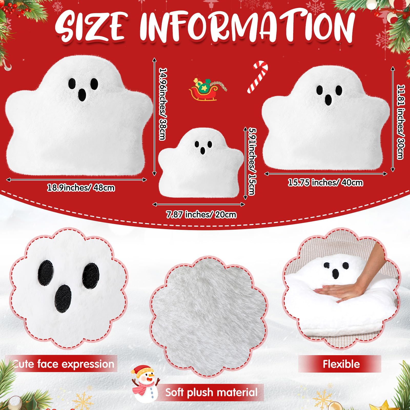 Beeveer 3 Pcs Ghost Pillow Cute Throw for Couch White Shaped Decorative Spooky Fluffy Plush for Gifts Sofa Home Party(3 Size)