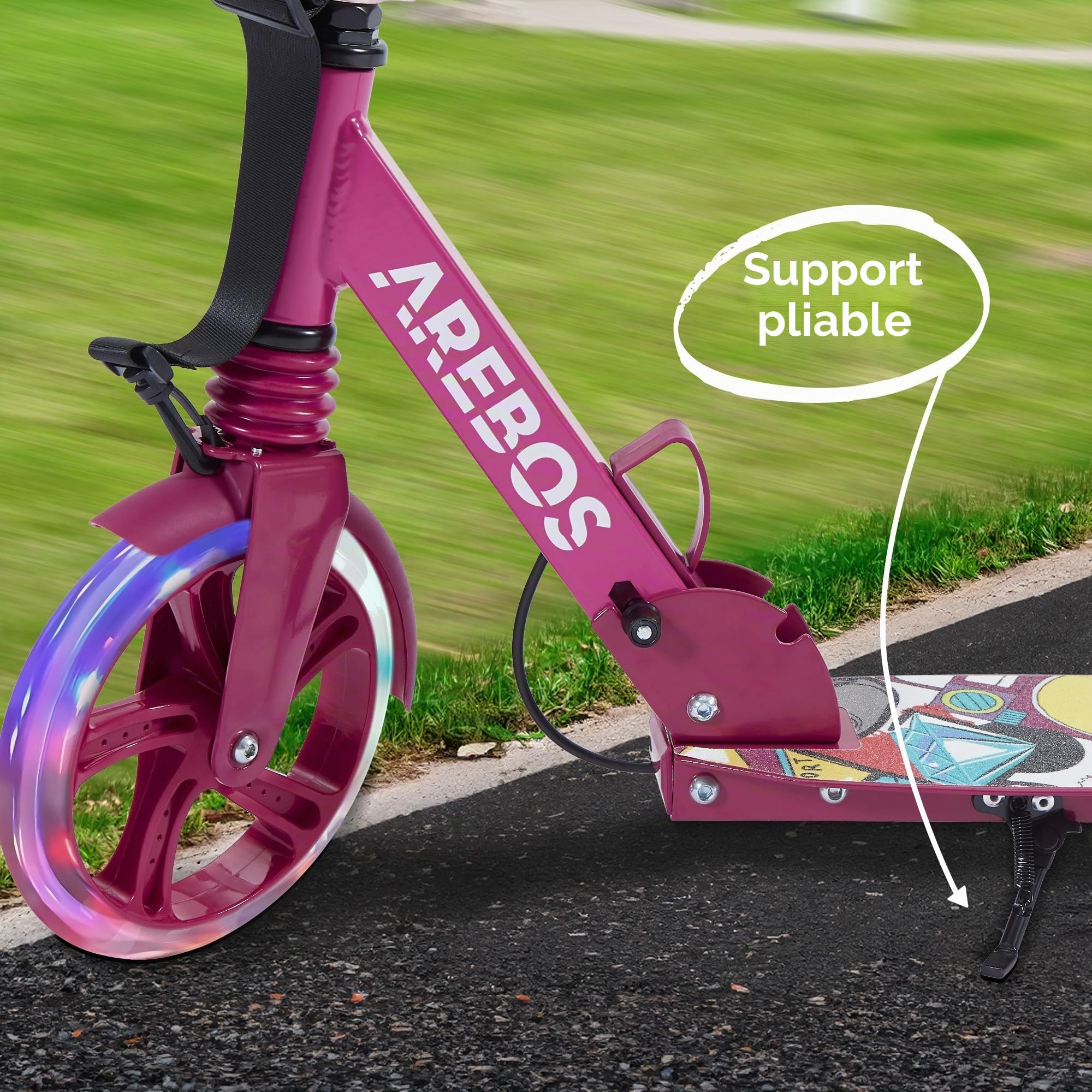 Arebos Trottinette de ville avec LED - Réglable en hauteur - Pliable - Avec Sangle de transport, frein à main et marchepied, pour enfants et adultes, charge maximale : 100 kg, trottinette