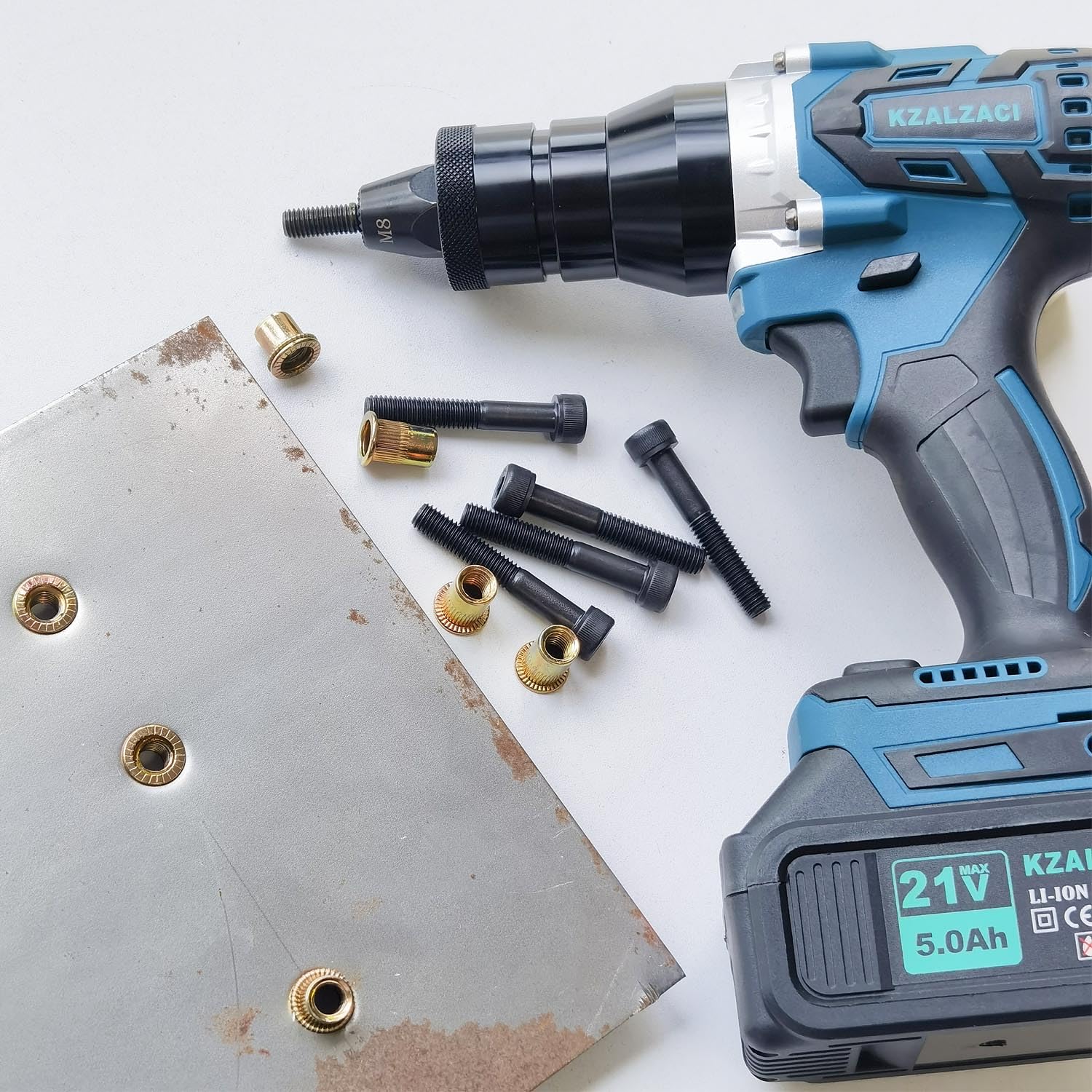 kzalzaci Cordless Rivet Nut Tool, Battery Powered Rivet Nut Gun for Metric Nutserts M4-M5-M6-M8-M10, Auto/Manual Nut Riveting, Memory Function, 5.0Ah Battery