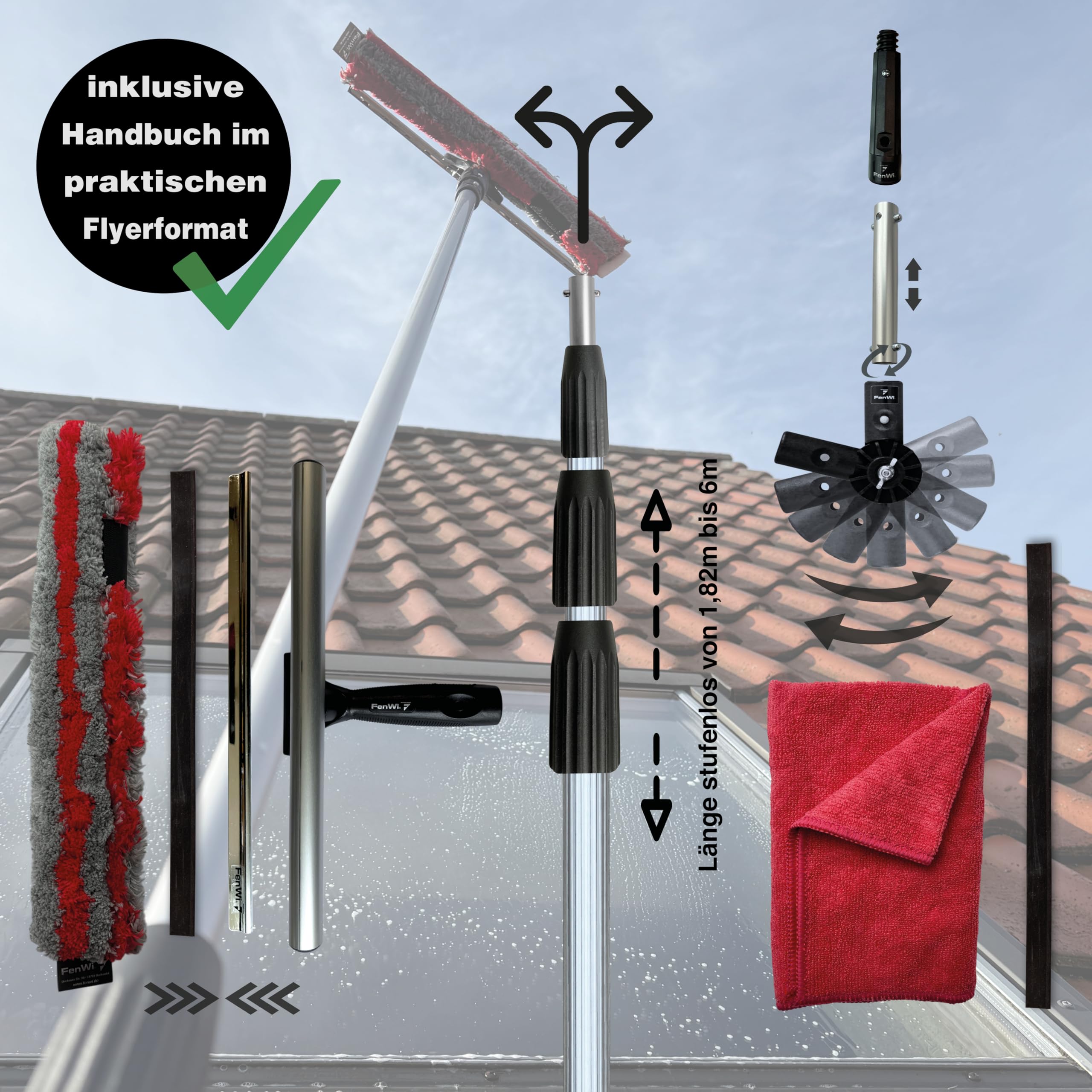 FenWi 6m Teleskop Fensterreiniger Profi Set mit 35cm Kombi Fensterwischer | 2in1 Gummilippe + Microfaser Wischer 35/40cm, Gelenk und Alu Teleskopstange 600cm, Für Wintergarten, Solar und PV Reinigung