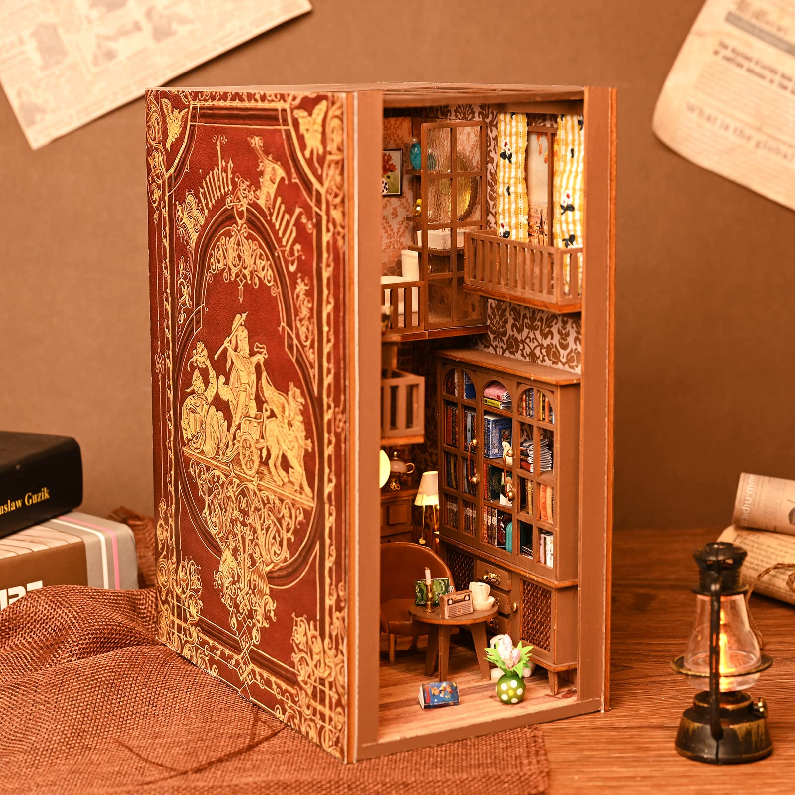 Spilay DIY Dollhouse Miniature Book Nook Assemble Kit,3D Wooden Puzzle Bookshelf Insert Decor with Light,Bookends Model Build-Creativity Kit for Kids Adults Women Birthday Gift (NO.9 Secret Castle) 1