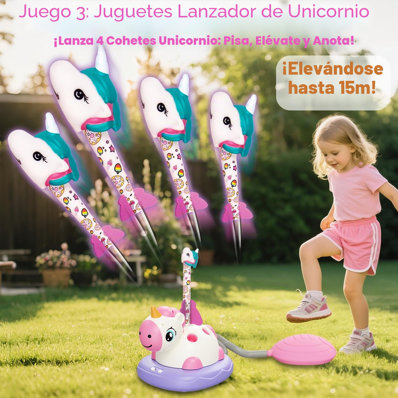 Unicornio Juguetes para Niñas 3-9 años 3 en 1 Juego Musical Saltar Cohete Lanzamiento Aros Regalo Cumpleaños