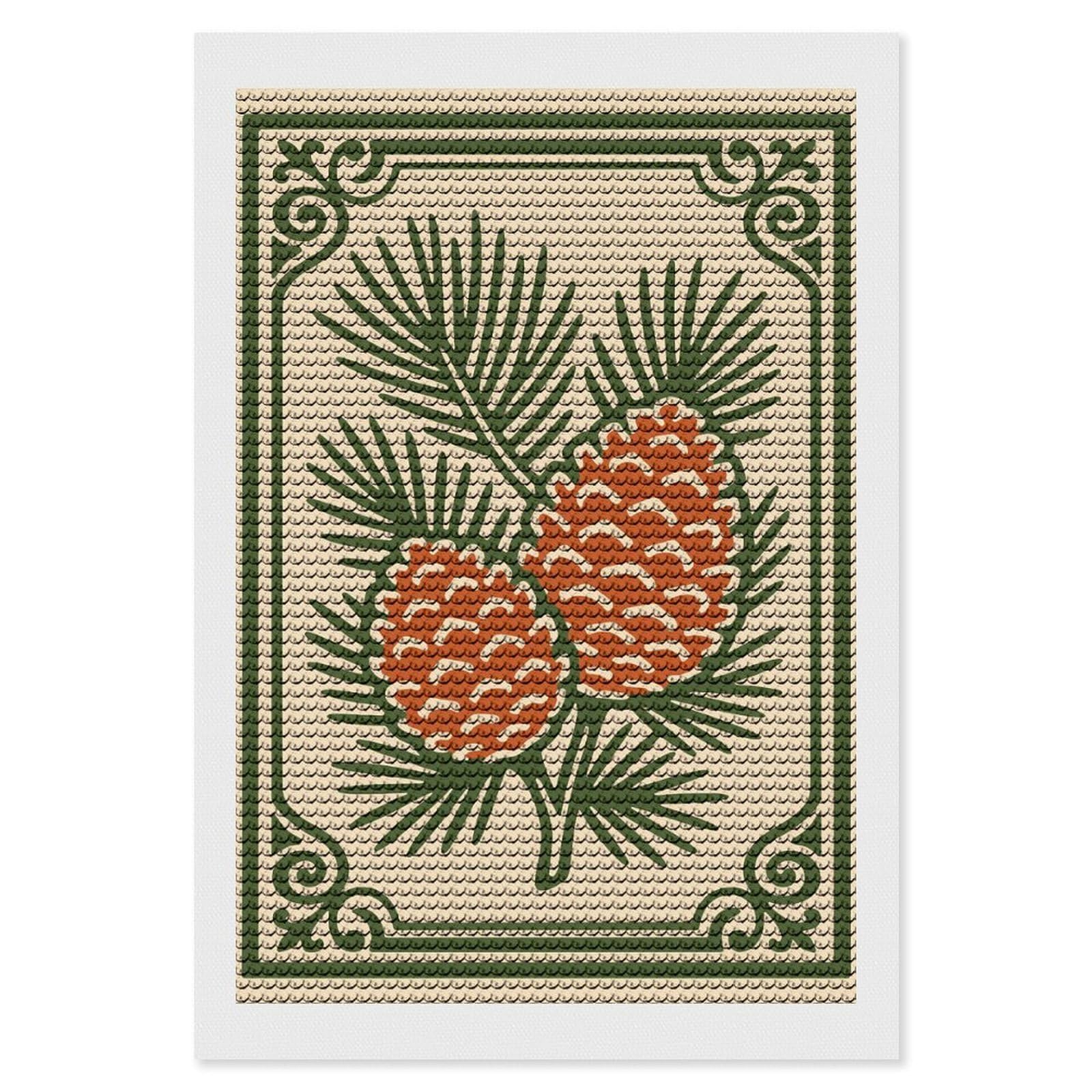 Junmoney Pine Cones Illustration with Decorative Border DIY Diamond Art Canvas Kit 8"x12", Simple to Start, Fun Craft Experience, Modern Decor, Gift Idea, Adhesive Canvas