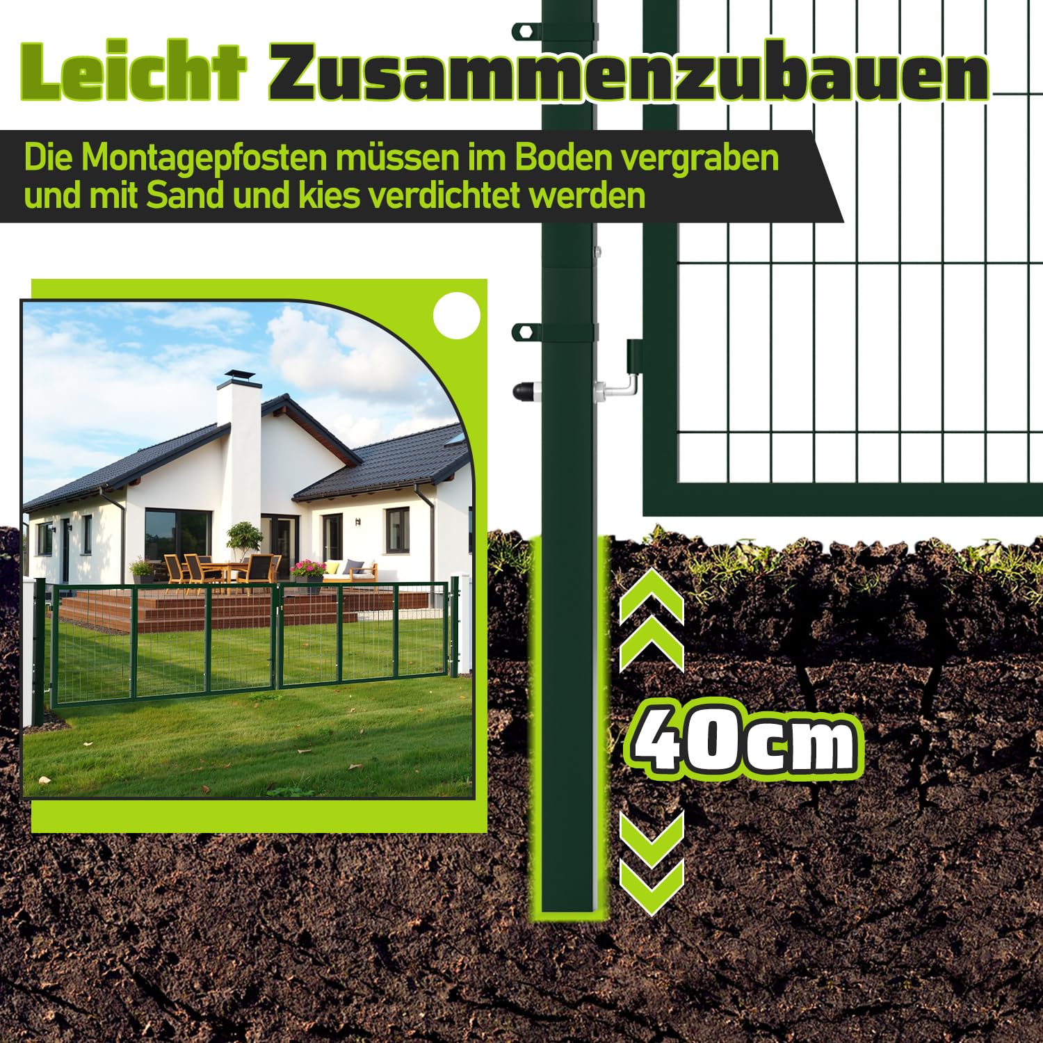 350x100cm Gartentor Tor Gartenzaun Zaun, Doppelflügelig Gartentür aus Metall verzinktem Stahl, inkl. Griff, Schloss und 3 Schlüsseln, Robust Zauntor Hoftor, Grün
