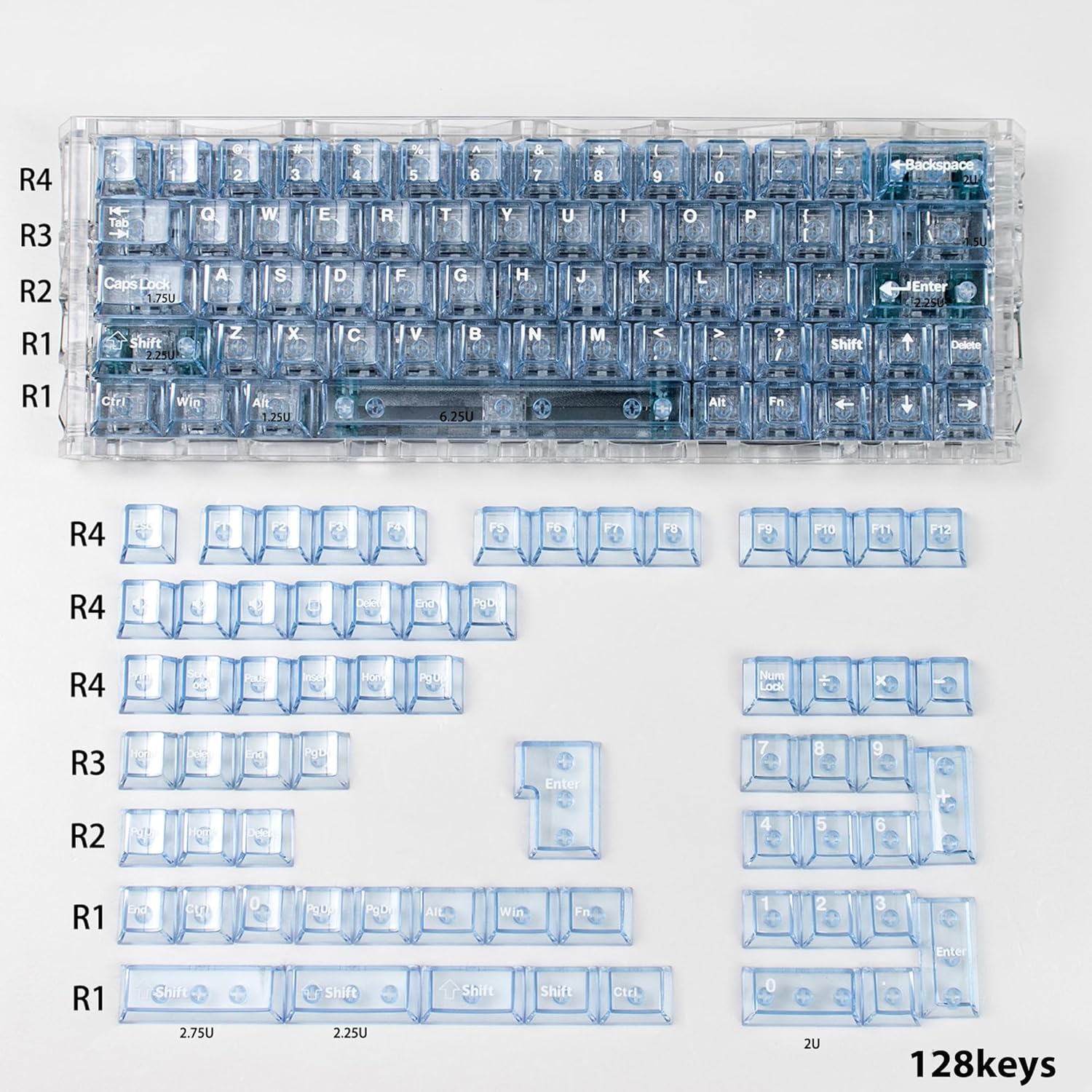 mintcaps 128keys Keyboard Keycaps Shine Through Clear Blue Keycap Set, Cherry Transparent Key Caps for Cherry Gateron Mx Switches Mechanical Keyboard