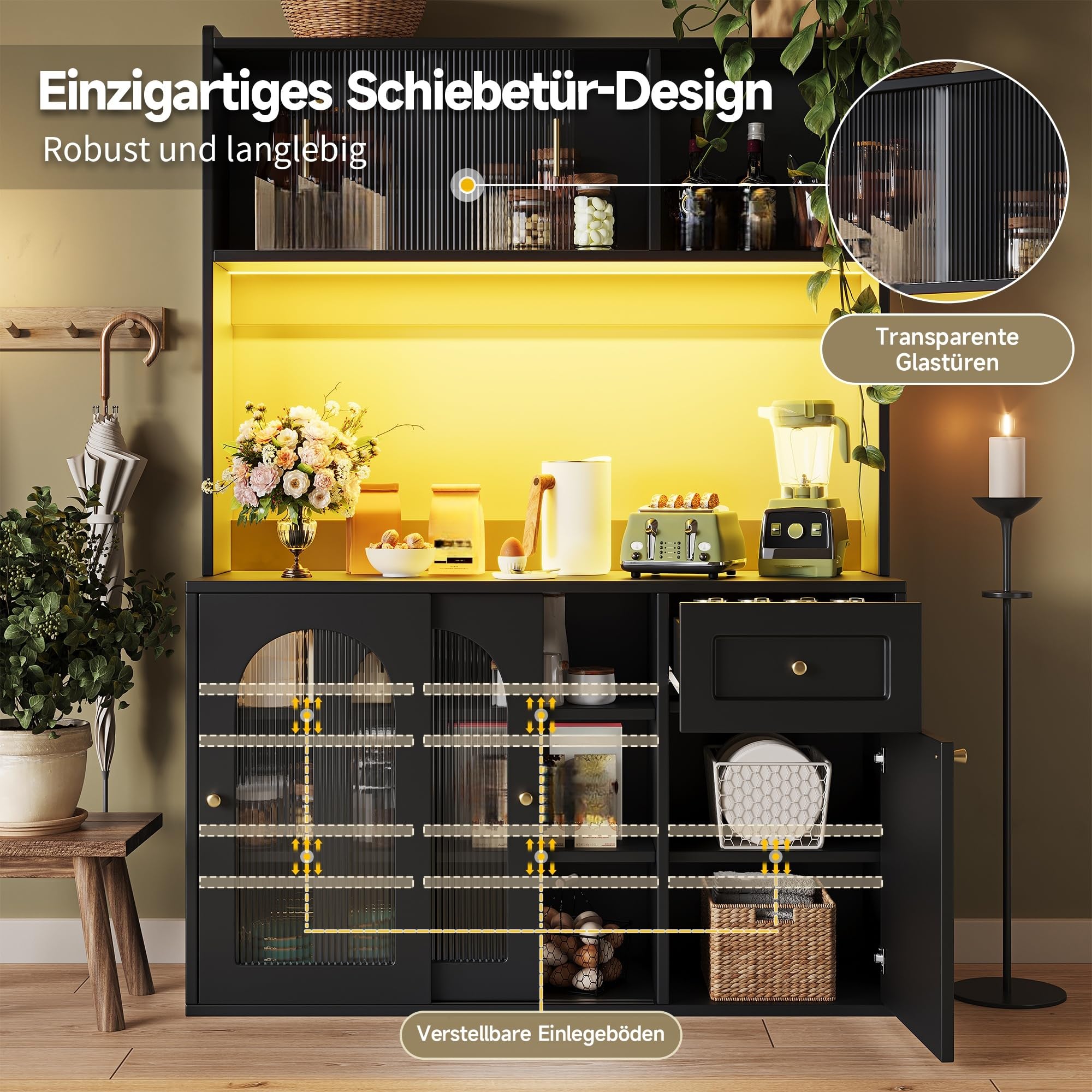 Küchenschrank mit Arbeitsplatte und LED-Beleuchtung, Buffetschrank Küchenschränke mit Verstellbaren Ablagen und Schubladen, Küchenbuffet Buffetschrank, 120x35x167 cm, Schwarz