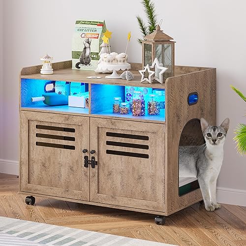 FOMNEY Caja de arena para gatos, mueble oculto con cuerpo humano, 3 luces LED de color, jaula para gatos con 2 cajones abiertos y 1 puerto USB, casa