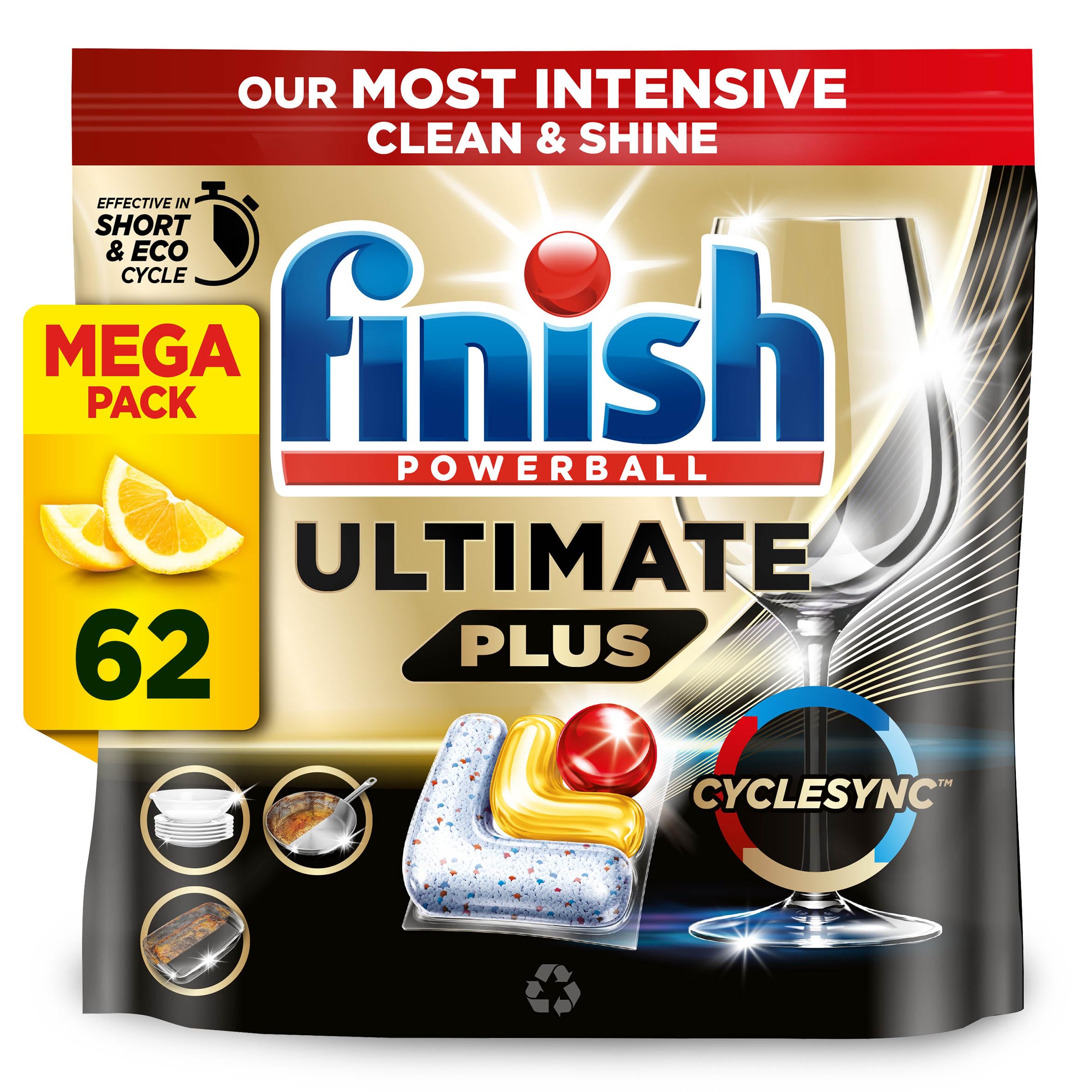 Finish Dishwasher Tablet, Ultimate Plus, 62 Detergent Tablets, Lemon Sparkle, Tough on Grease, For our Most Intensive Clean & Diamond Shine, Effective for Short Eco Cycle