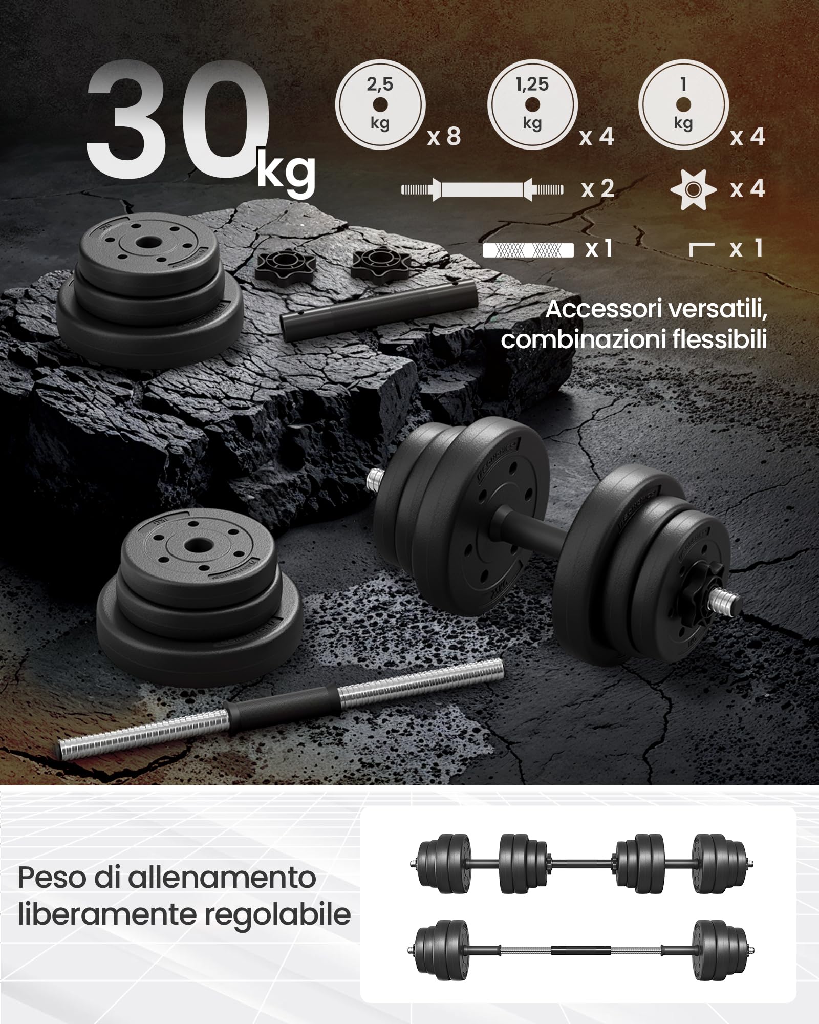 SONGMICS Manubri 2 in 1, Set di Bilanciere Corto, con Tubo di Collegamento in Acciaio, Allenamento, Fitness, Sollevamento Pesi per Casa, Palestra