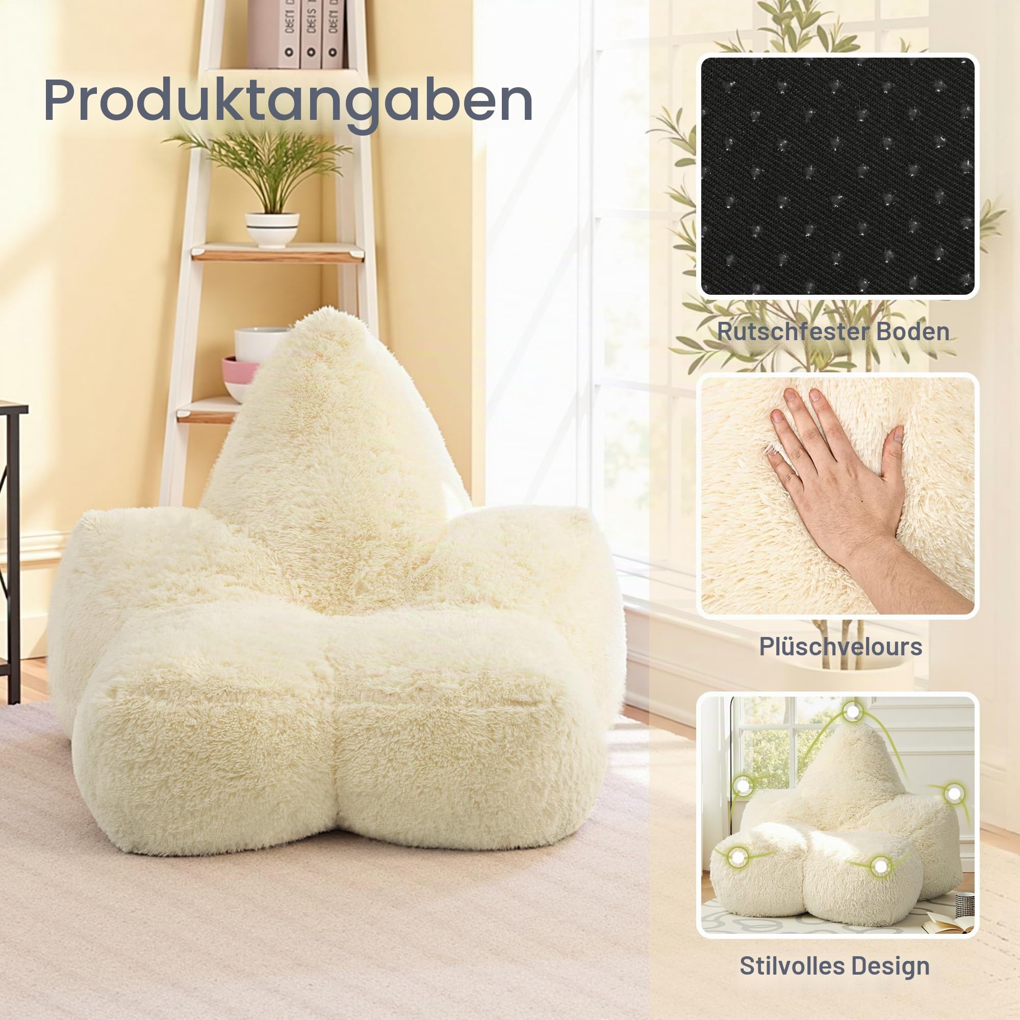 Pamapic Sitzsack-Stuhl, großer Stern-Sitzsack-Stuhl mit Füllung enthalten, ergonomischer Liegestuhl mit extra großem Sitz, flauschiges faules Sofa, Sitzsack für Erwachsene, Loungesitz für Wohnzimmer