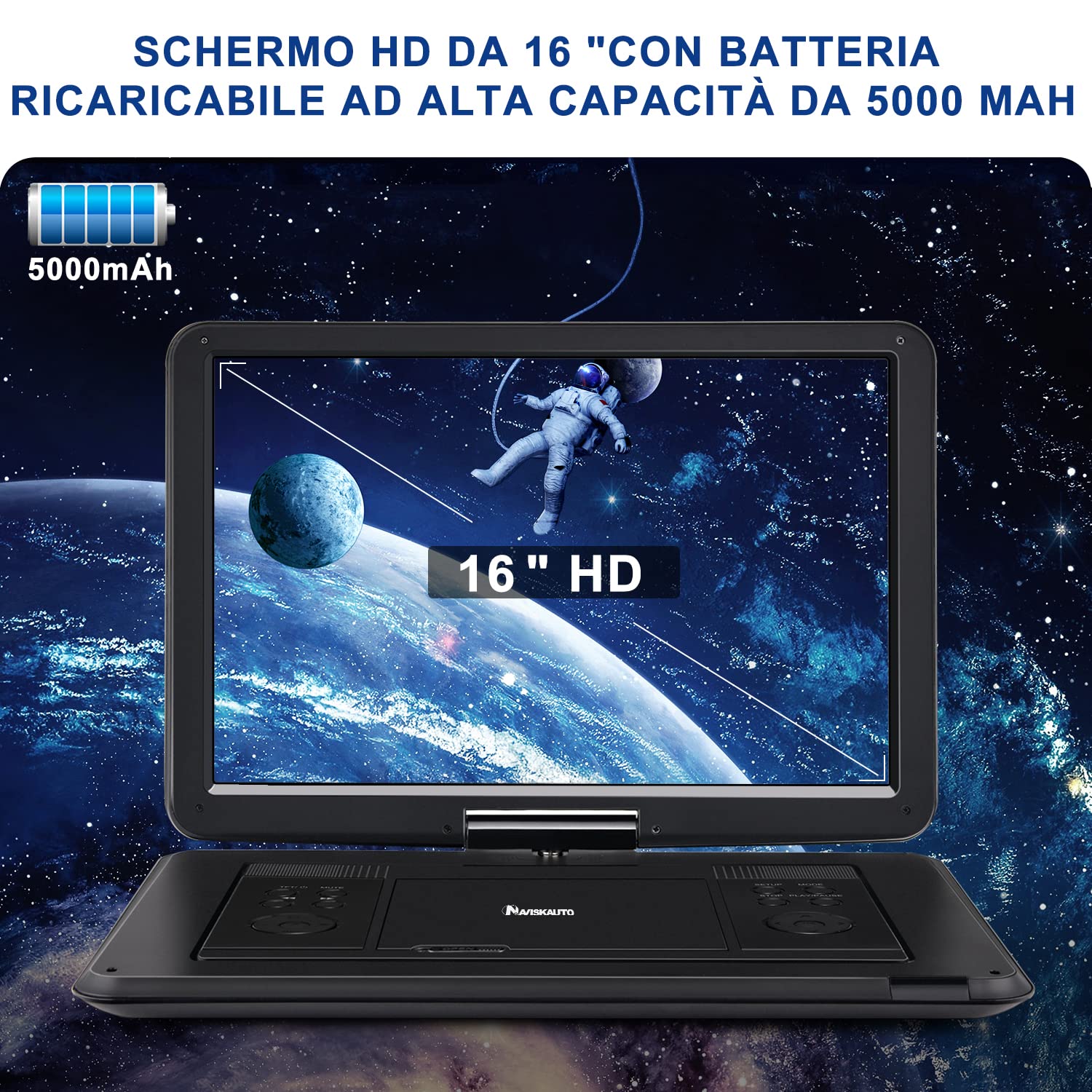 NAVISKAUTO 17,5" Lettore DVD Portatile Grande Schermo da 16 Pollici, Supporta HDMI, Autonomia da 6 Ore, USB/TF/AV IN/OUT/Regione Libera,18 Mesi di Garanzia