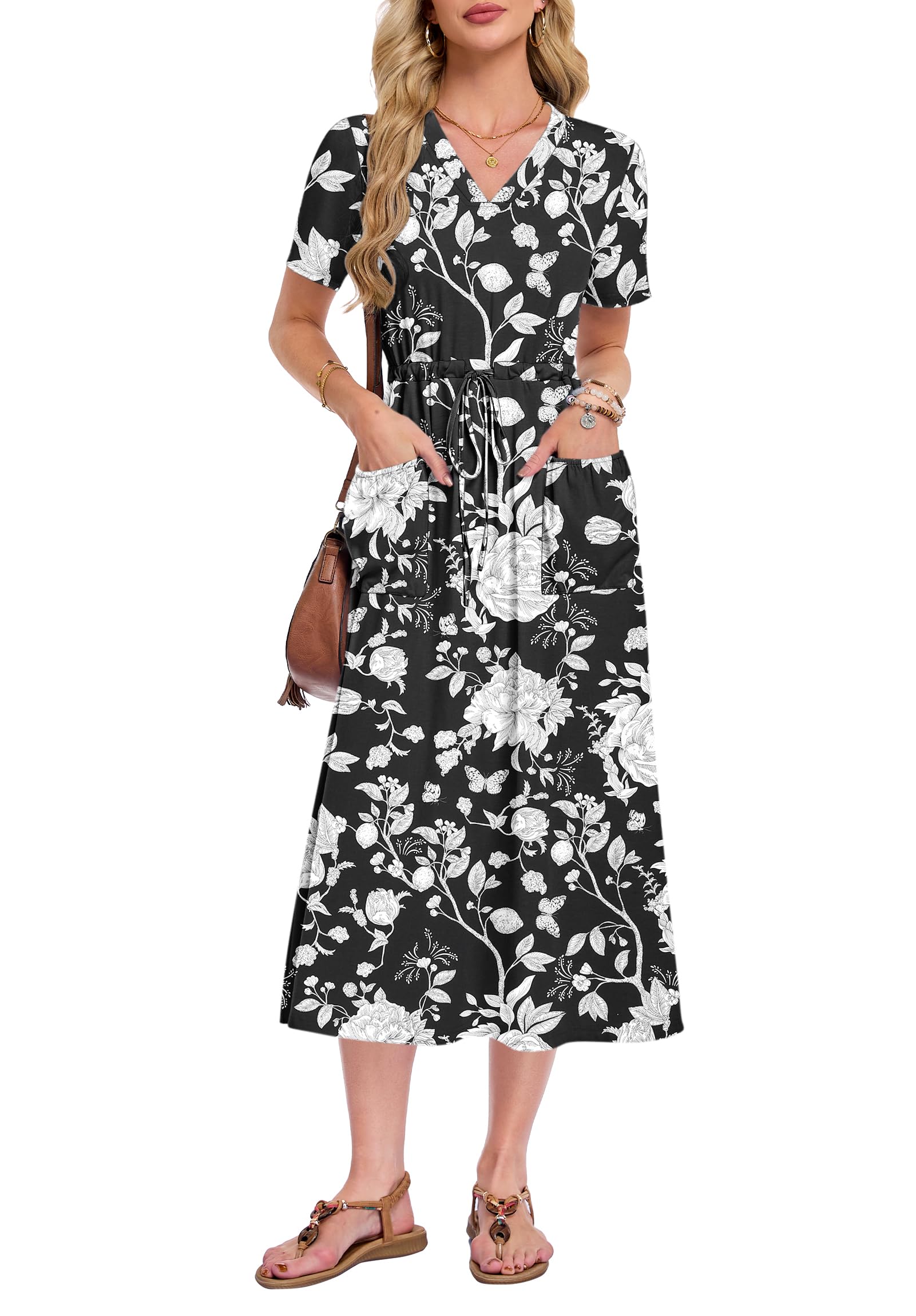 MISFAY Women Summer Maxi Dress Casual Drawstring Long Dresses V Neck Short Sleeve Dress with Pockets