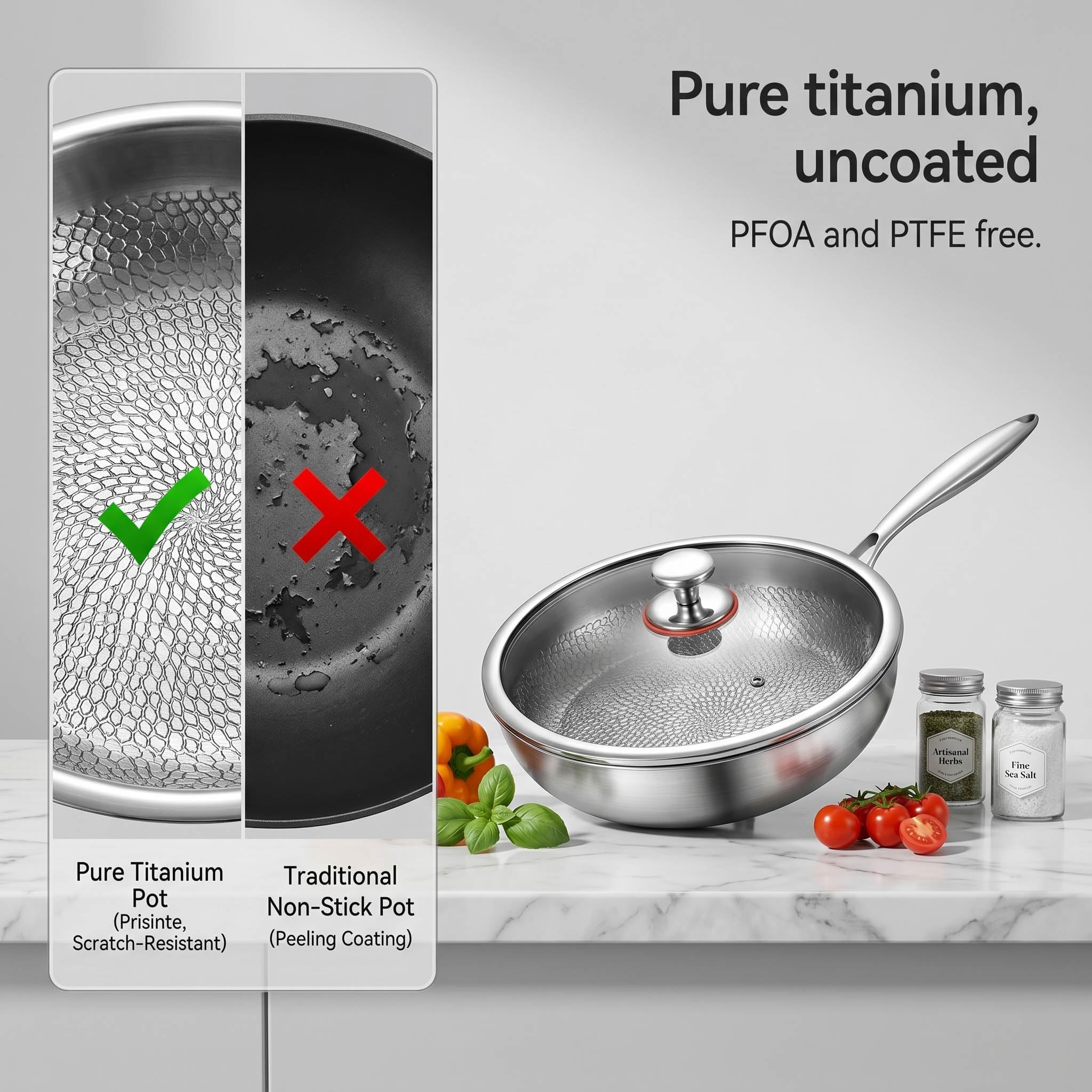 Titan Pfanne 28 cm mit Deckel, Unbeschichtete Titan Bratpfanne mit Gehämmertem Design, Kratzfeste Physikalische Antihaft-Struktur, Frei von PFAS-, PFOA- und PTFE-, Für Induktion & Alle Herdarten