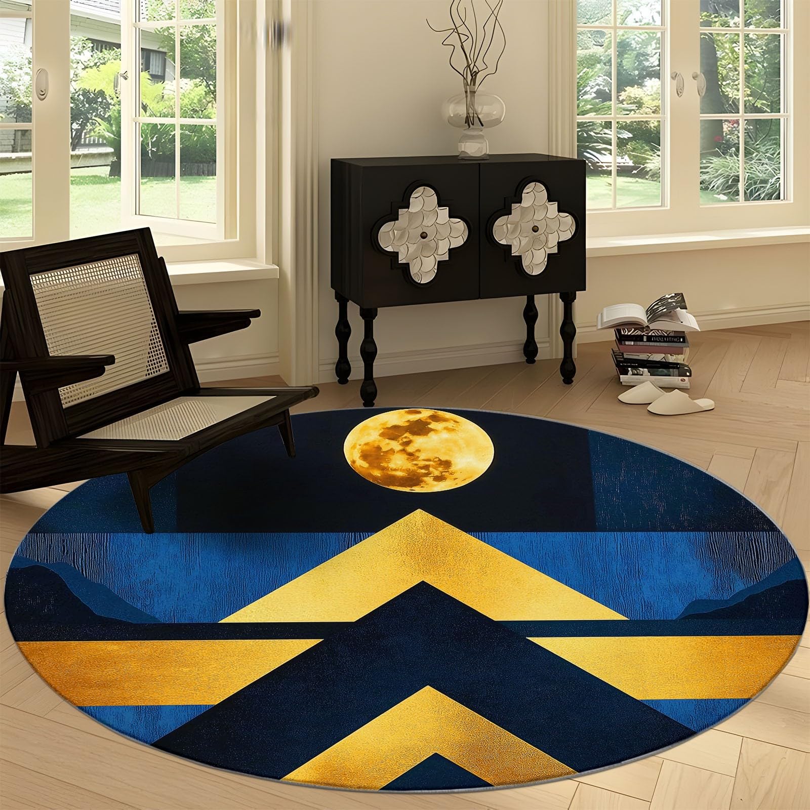 Rond Tapis Salon Bleu, Moquette Motif Géométrique Abstrait De La Lune — Tapis Chambre de Décoration Poil Ras Lavable en Machine Paillasson Rond Antidérapant Salle a Manger Chambre Adulte, 210 cm