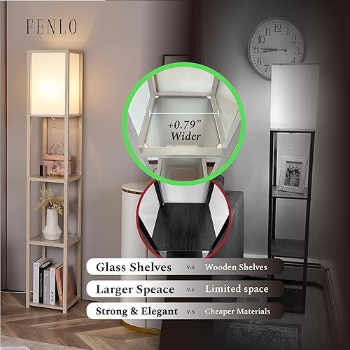 Miniatura 10 de FENLO Lámpara de pie con estantes, lámpara de pie alta con niveles de vidrio templado, moderna lámpara de pie minimalista para dormitorio, sala de