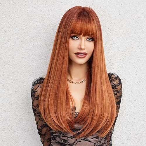 Miniatura 3 de HAIRCUBE Peluca larga en capas de color marrón degradado con flequillo, aspecto natural, resistente al calor, peluca sintética adecuada para mujeres