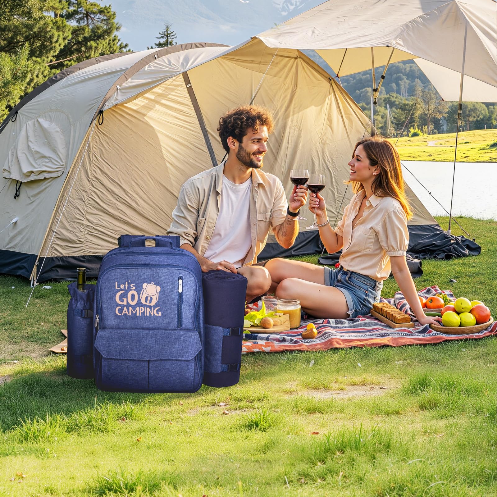 VEVOR Zaino da Picnic per 4 Persone, Capacità di 20 L Borsa da Picnic da Spiaggia con Portabottiglie Vino Staccabile, Coperta Leggera, Piatti e Sei di Posate per Esterni, Blu Marino