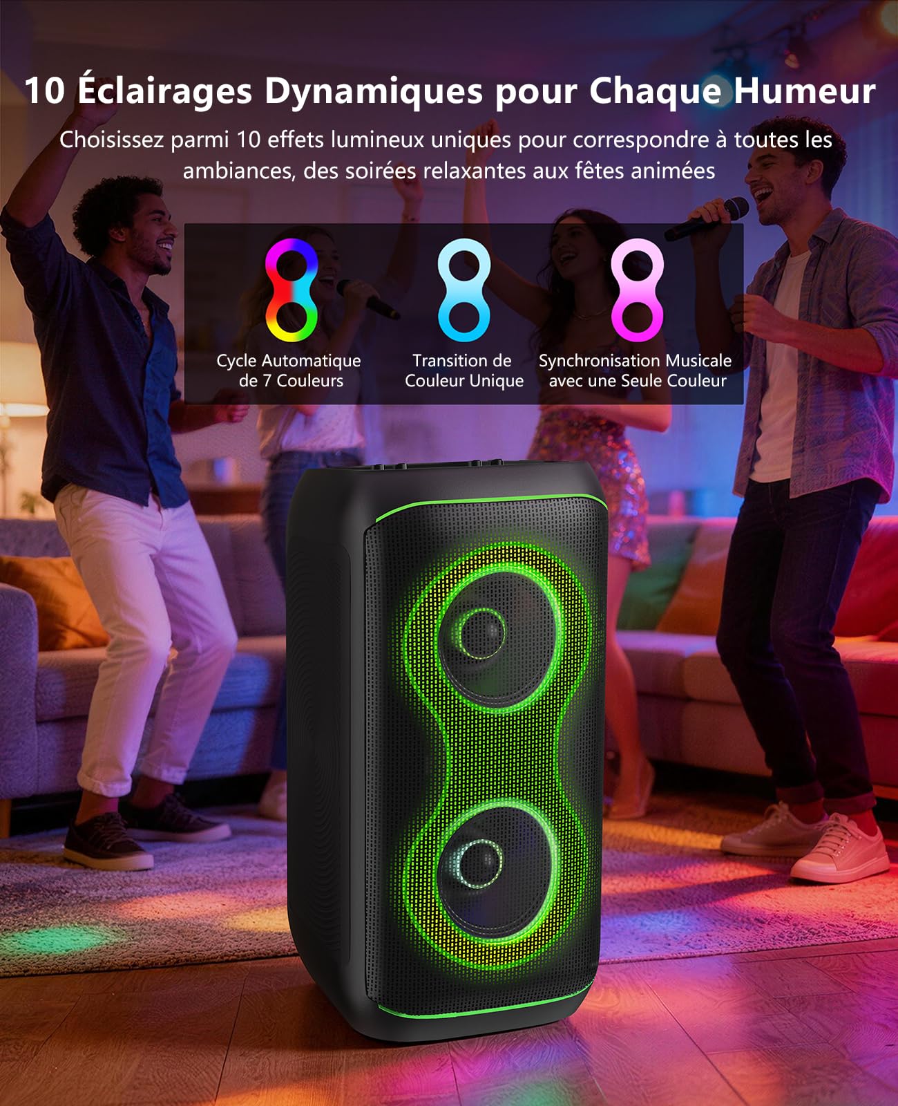 GKD61 Machine de Karaoké pour Adultes avec 2 Microphones UHF Sans Fil, 400W Puissance Crête, Enceinte Bluetooth Portable avec Deux Subwoofers de 6,5", Réglage Basses/Aigus, pour Intérieur et Extérieur
