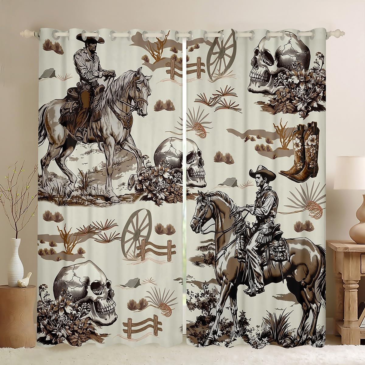 Western Cowboy Curtains,Retro Rustic Farmhouse Window Curtain for Kids Boys Girls Home Room Decor,Cattle Farm Animal Window Treatment Curtain,Vintage Sketch Style Window Drapes,2 Panels,38Wx54L