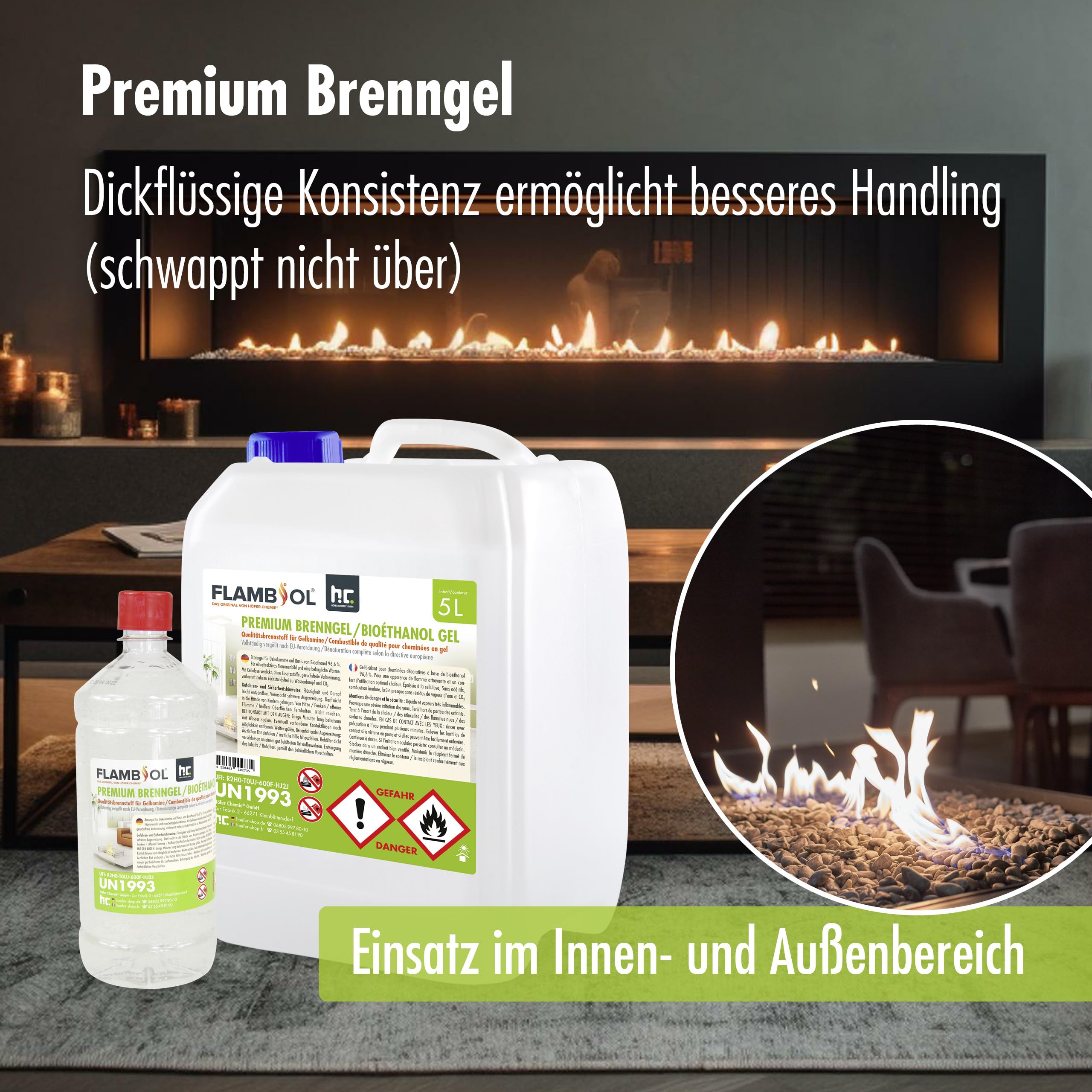 Höfer Chemie 5 L FLAMBIOL® Premium Brenngel für Brenngel Dekofeuer, Lampe und Kamine - Dickflüssiges Gel