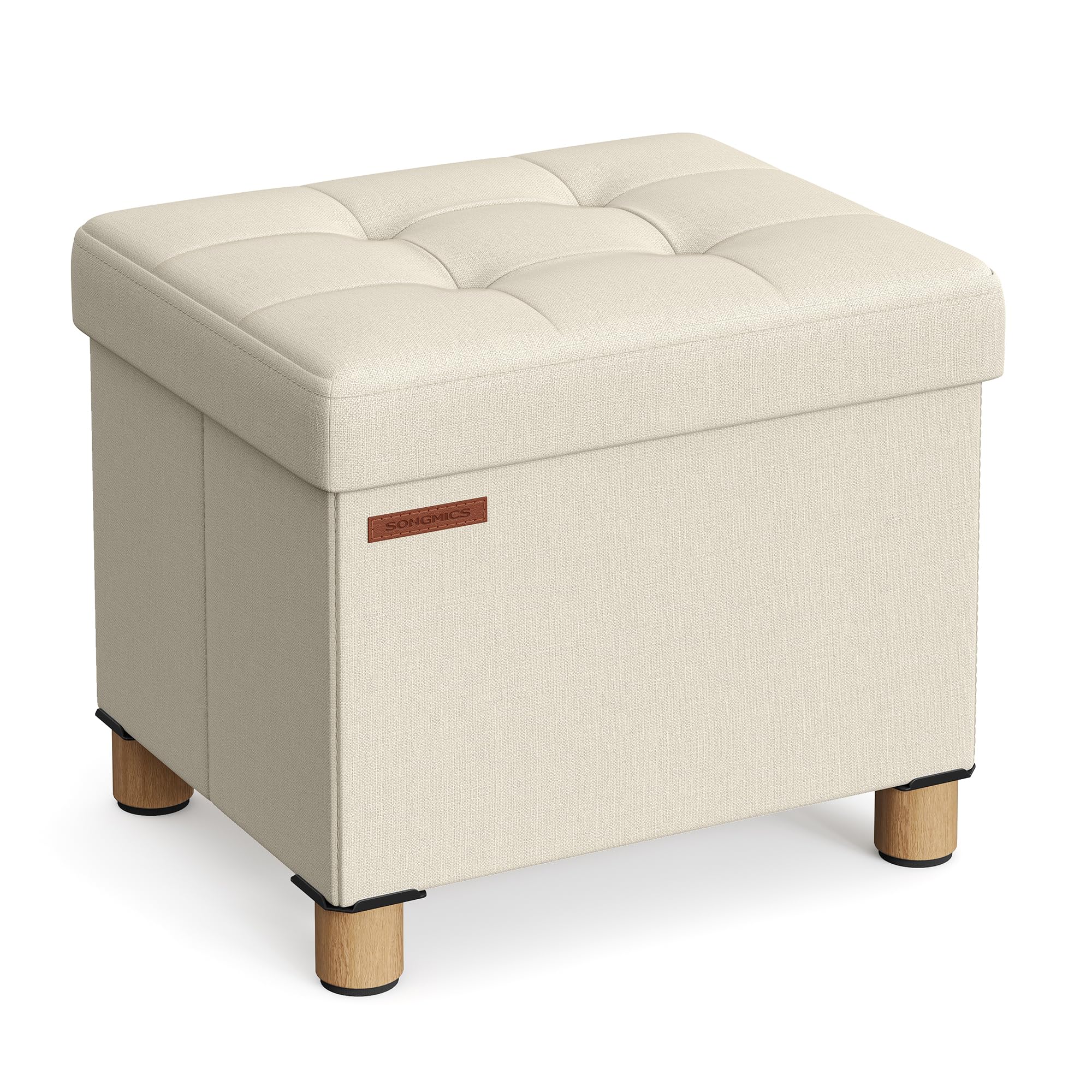 SONGMICS Puff Almacenaje, Baúl de Almacenaje Plegable, 32 x 40 cm, Taburete Reposapiés, Banco con Almacenamiento, Soporta hasta 300 kg, para Sala de Estar, Dormitotio, Blanco Crema LSF012W11